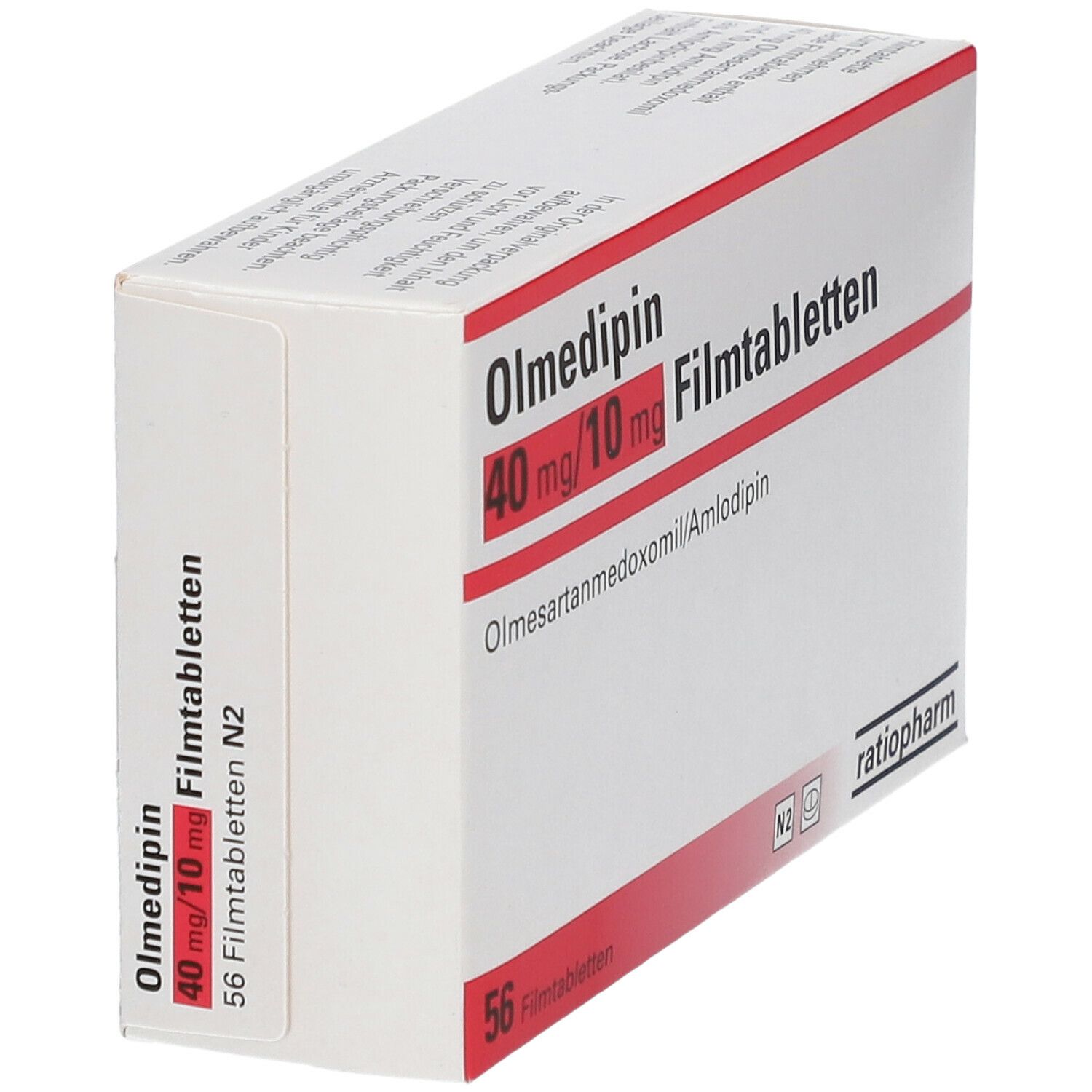 Schachtel Olmedipin 40 mg/10 mg Filmtabletten. Rote Schrift auf weißem Grund. 56 Filmtabletten. Marke: ratiopharm. Seitenansicht.