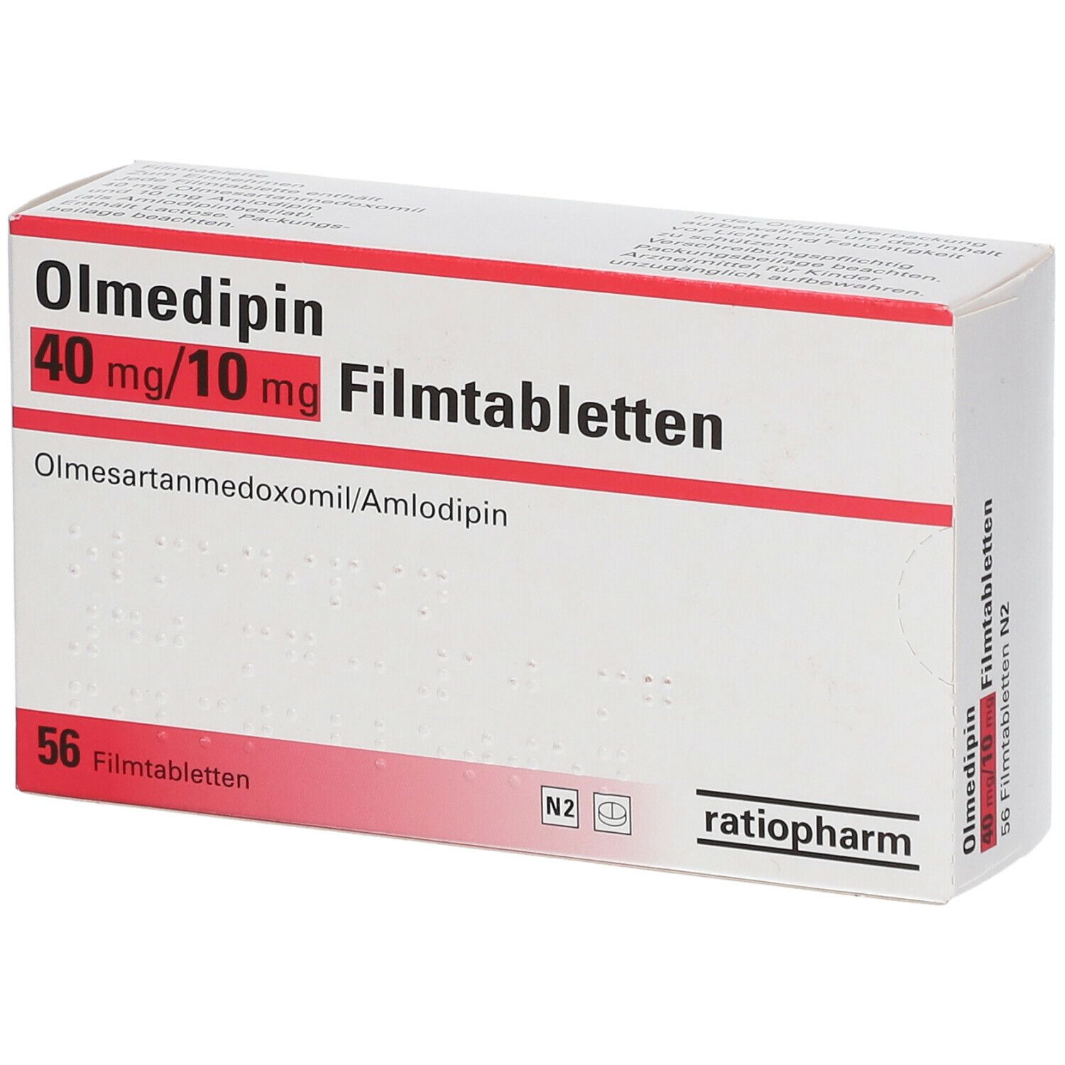 Schachtel mit Olmedipin 40 mg/10 mg Filmtabletten. Rote Schrift auf weißem Grund. 56 Filmtabletten. Marke: ratiopharm. Perspektivansicht.