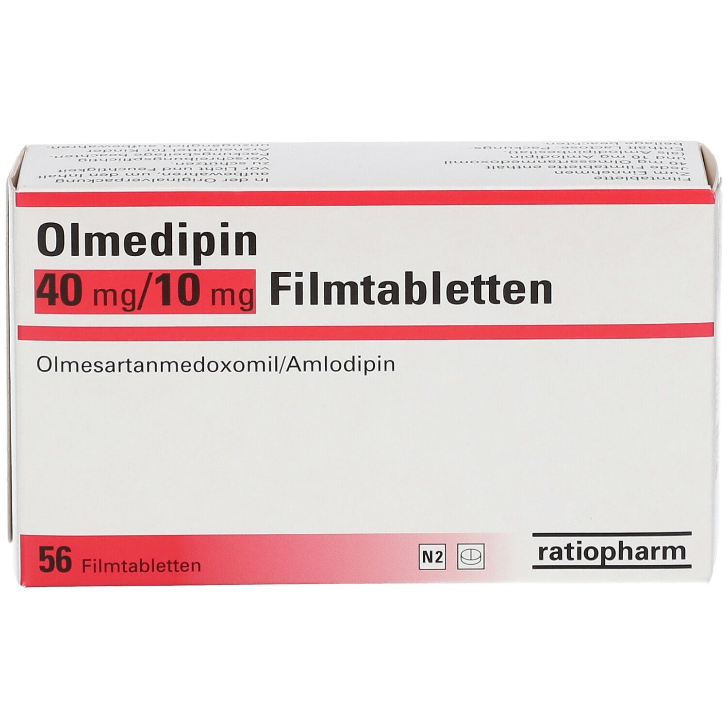 Schachtel mit Olmedipin 40 mg/10 mg Filmtabletten. Rote Schrift auf weißem Grund. 56 Filmtabletten. Marke: ratiopharm.