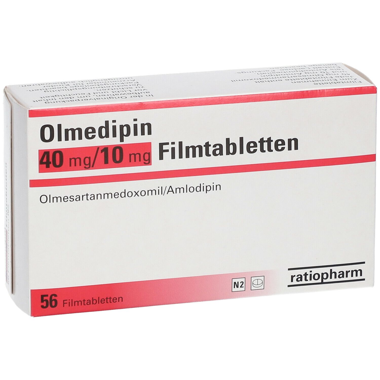 Schachtel mit Olmedipin 40 mg/10 mg Filmtabletten. Rote Schrift auf weißem Grund. 56 Filmtabletten. Marke: ratiopharm.