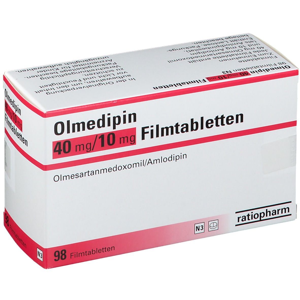 Olmedipin-ratiopharm 40 mg/10 mg Filmtabletten-Packung. Rote und weiße Schachtel mit Produktnamen und Dosierung.