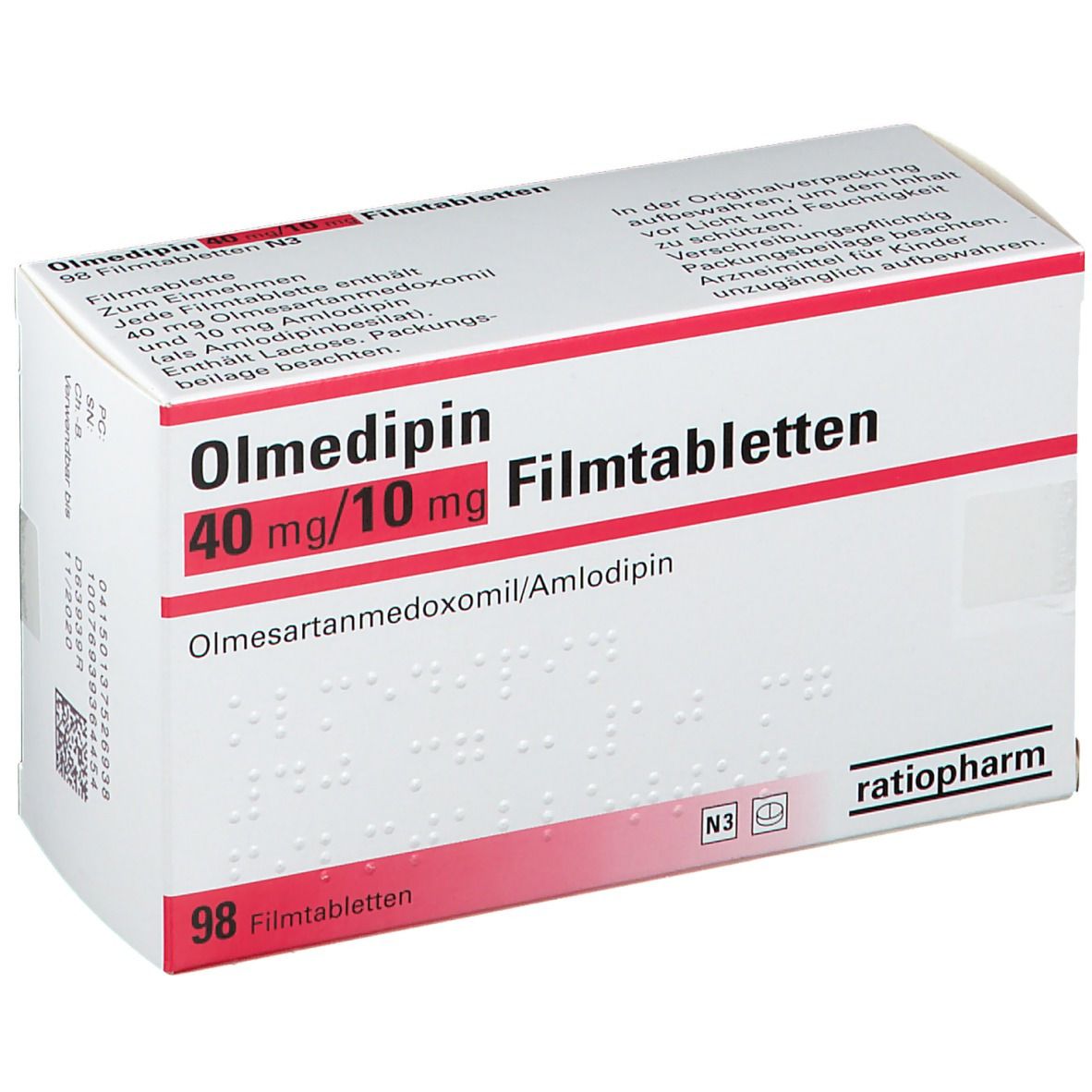 Olmedipin-ratiopharm 40 mg/10 mg Filmtabletten-Packung. Weiße Schachtel mit roter Schrift und Produktinformationen.