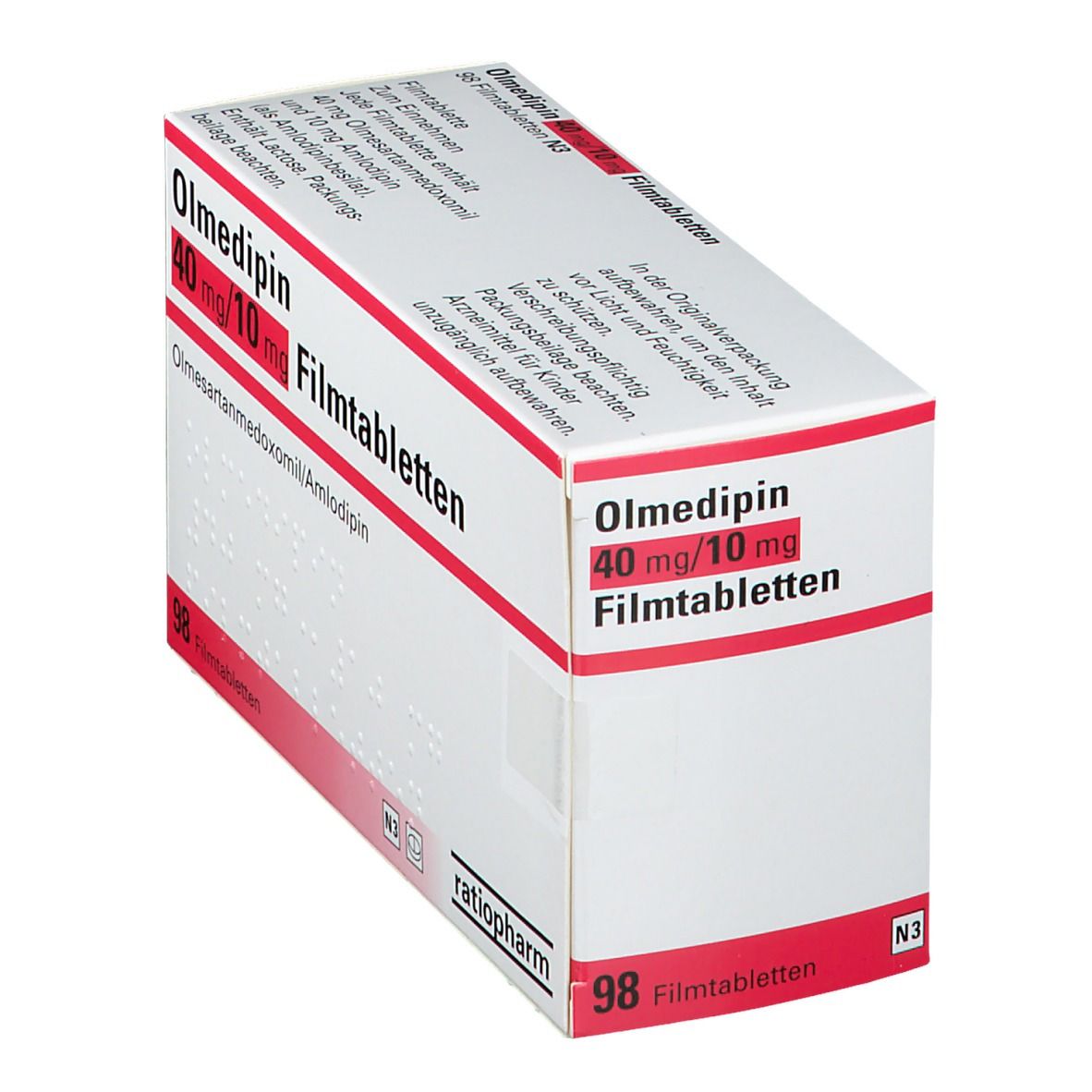Olmedipin-ratiopharm 40 mg/10 mg Packung, schräg. Produktname, Dosierung und Herstellerlogo auf der Schachtel.