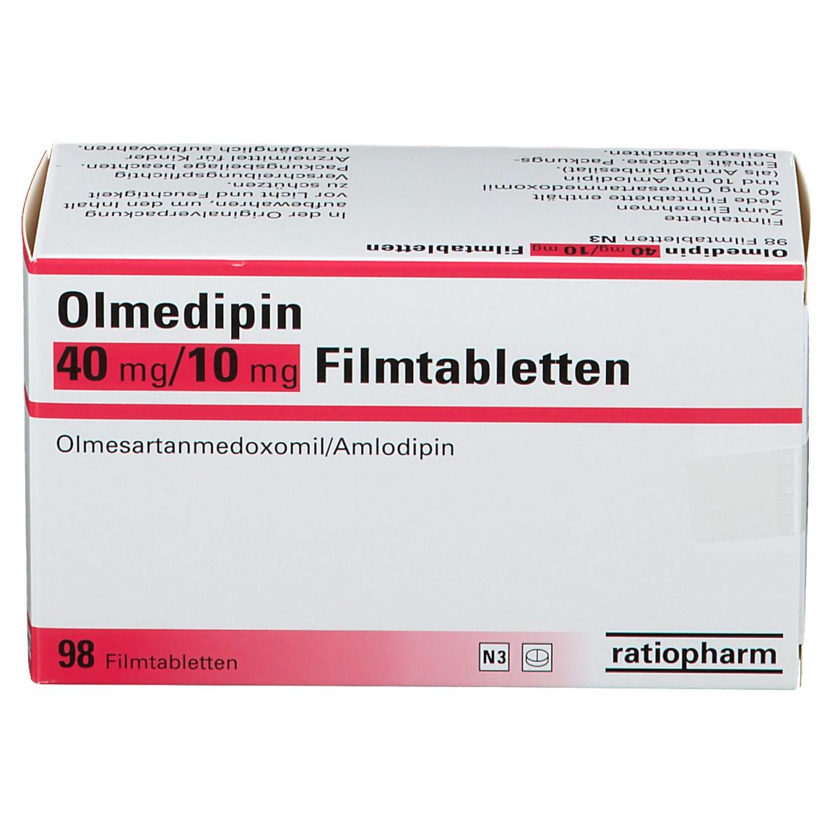 Olmedipin-ratiopharm 40 mg/10 mg Filmtabletten-Packung. Weiße Schachtel mit roter Schrift und Produktinformationen.