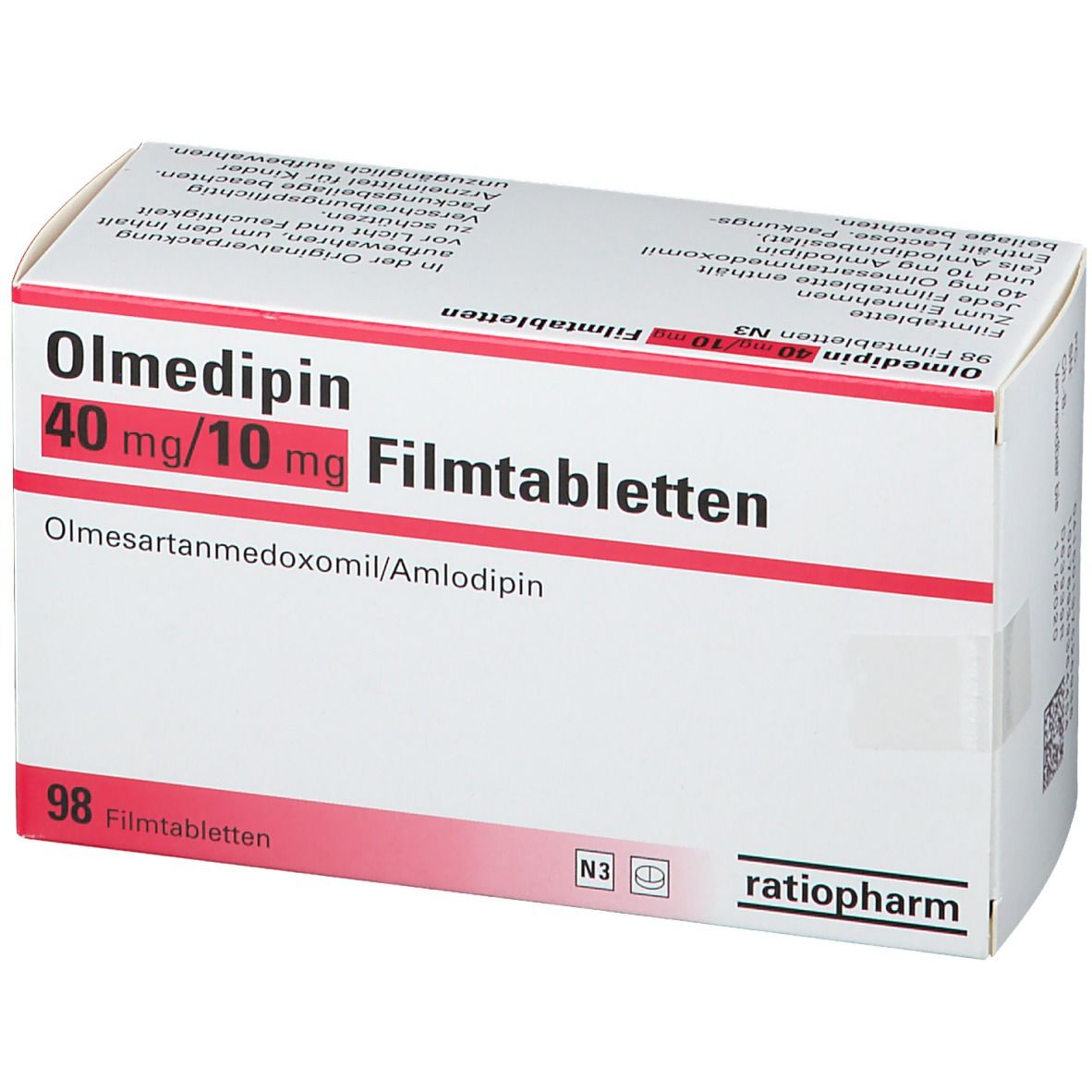 Olmedipin-ratiopharm 40 mg/10 mg Filmtabletten-Packung. Weiße Schachtel mit roter Schrift und Produktinformationen.