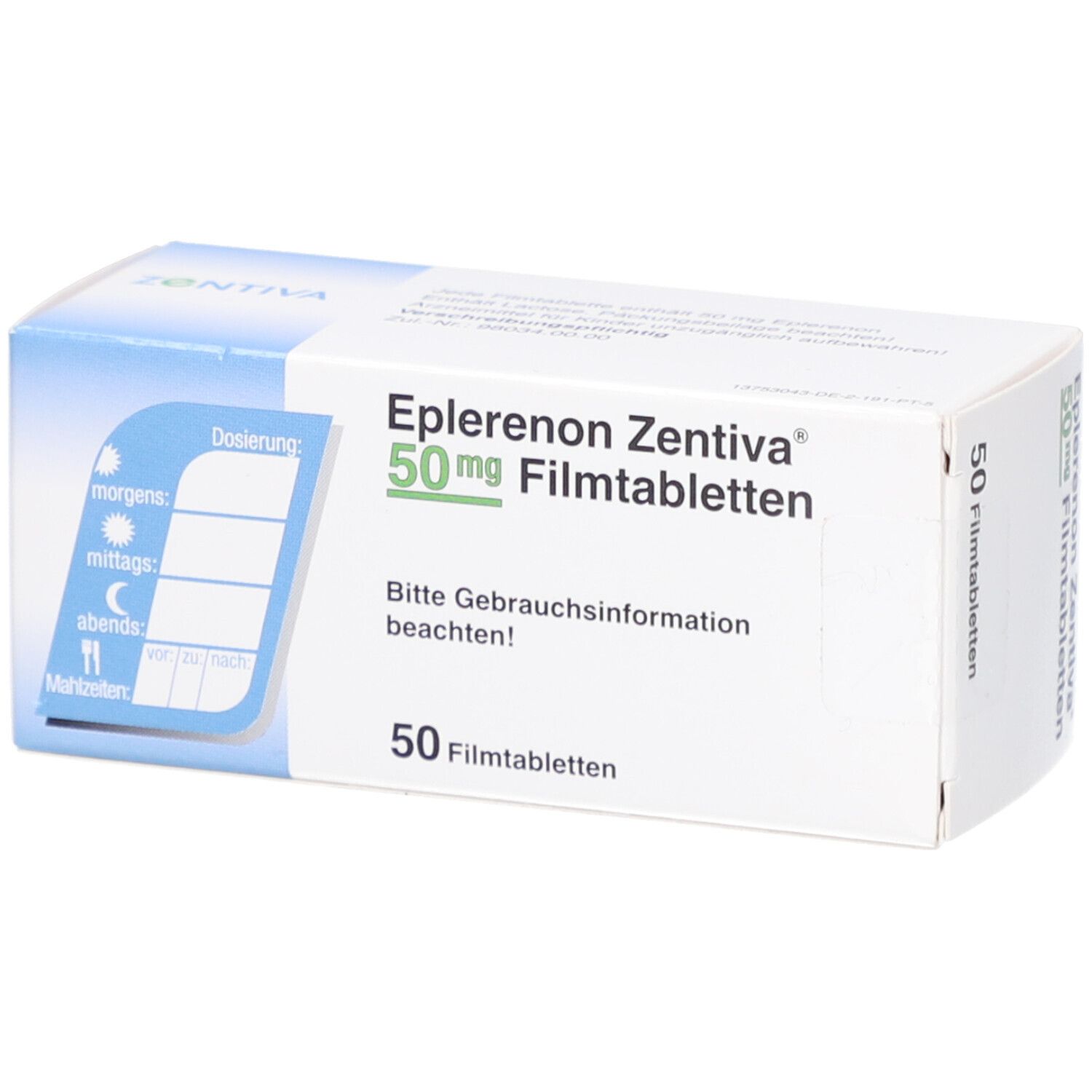 Schachtel mit EPLERENON Zentiva 50 mg Filmtabletten. Aufschrift: 50 Filmtabletten. Dosierungshinweise.