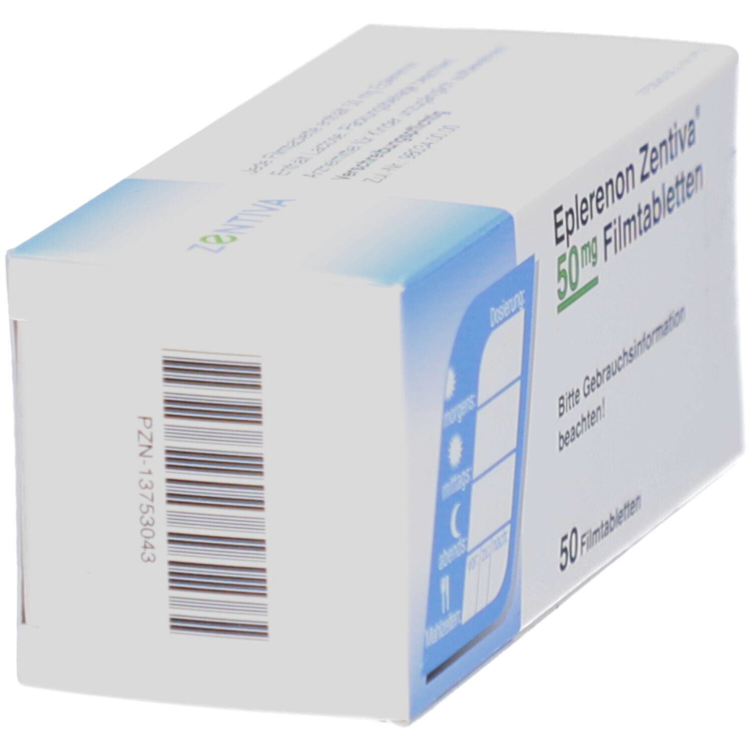 Schachtel von EPLERENON Zentiva 50 mg Filmtabletten. Barcode und PZN-Nummer auf der Seite.