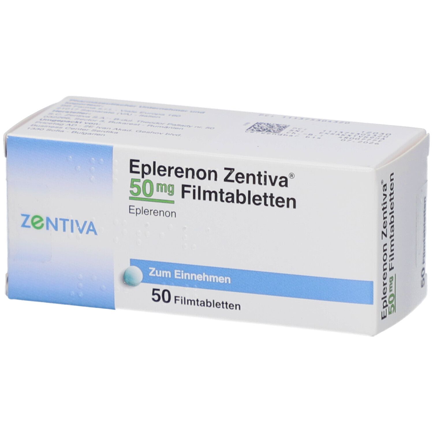 Schachtel mit EPLERENON Zentiva 50 mg Filmtabletten. Aufschrift: 50 Filmtabletten. Zum Einnehmen.
