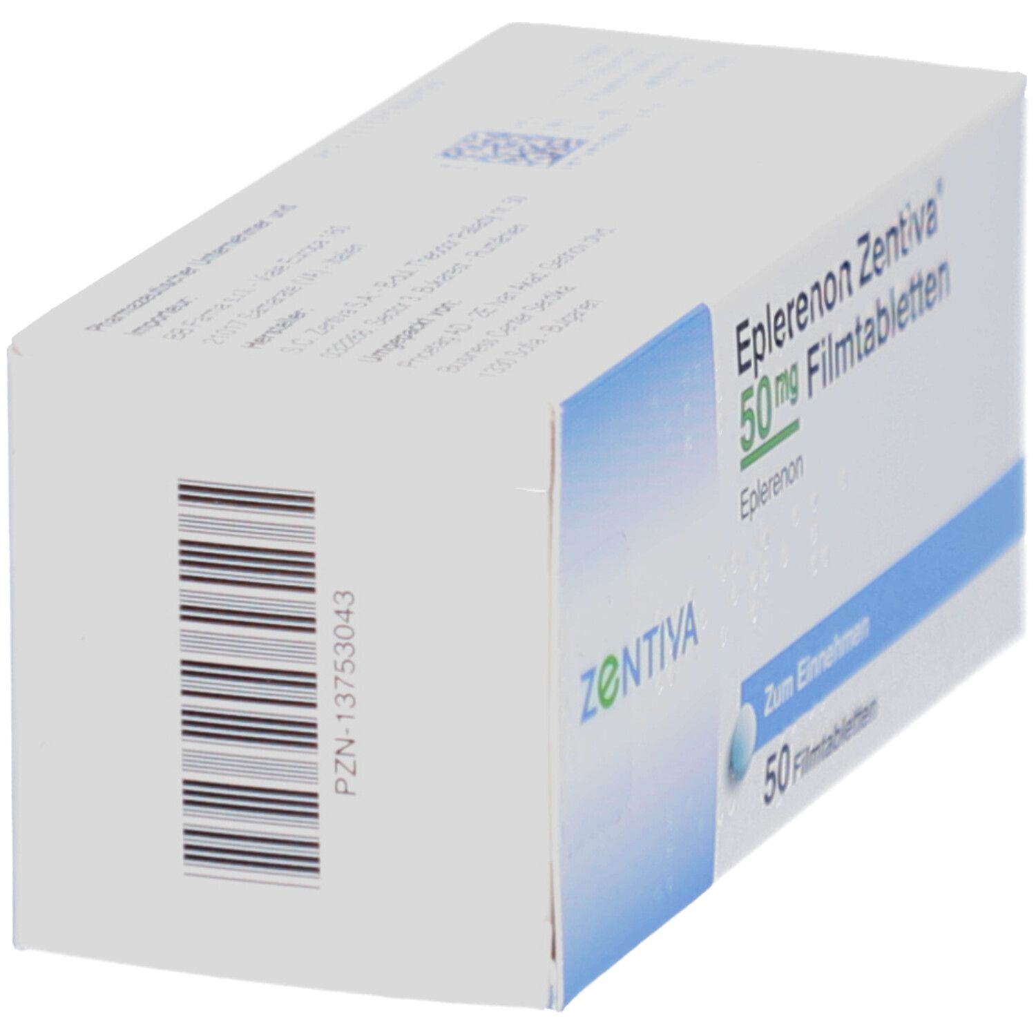 Schachtel von EPLERENON Zentiva 50 mg Filmtabletten. Barcode und PZN-Nummer auf der Seite.
