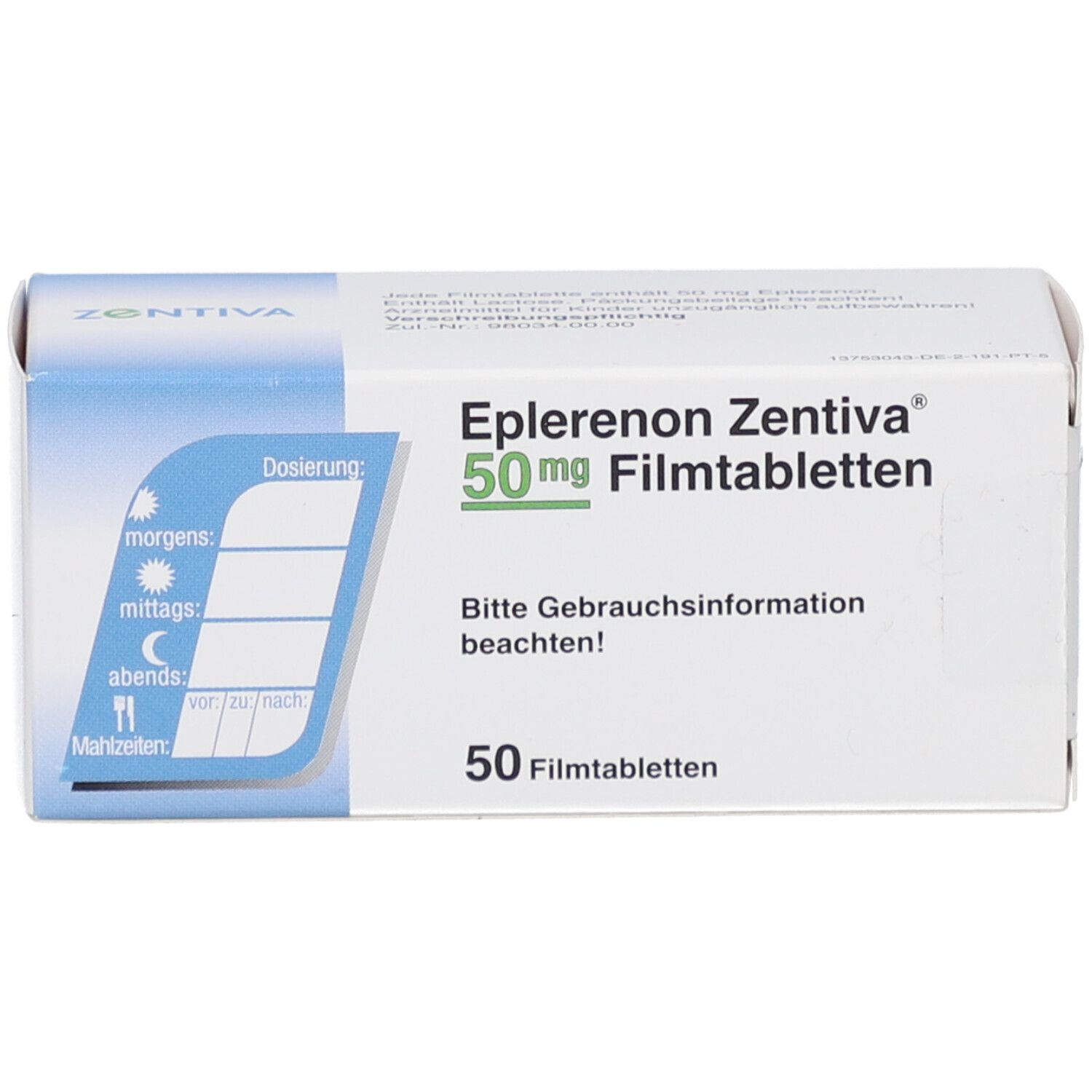 Schachtel mit EPLERENON Zentiva 50 mg Filmtabletten. Aufschrift: 50 Filmtabletten. Dosierungshinweise.