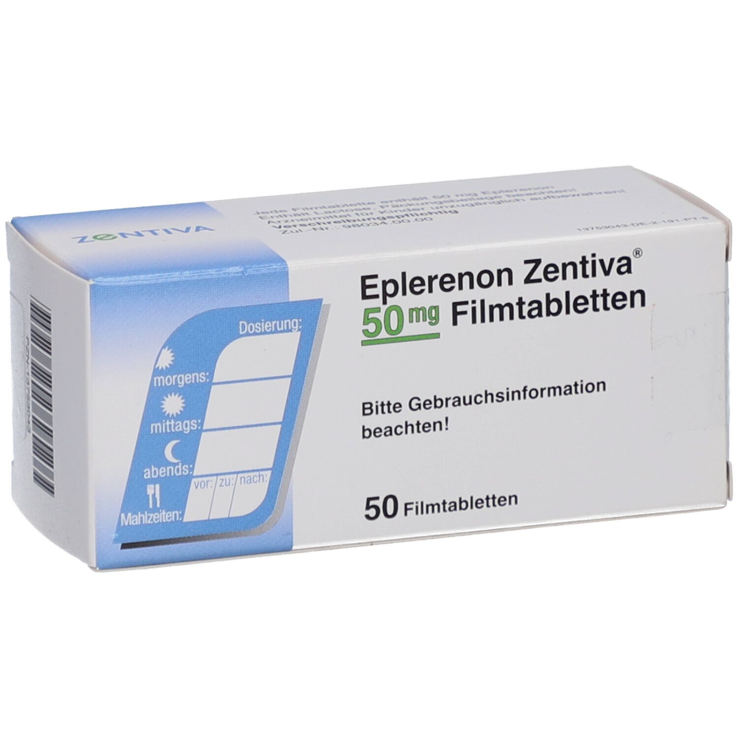 Schachtel mit EPLERENON Zentiva 50 mg Filmtabletten. Aufschrift: 50 Filmtabletten. Dosierungshinweise.