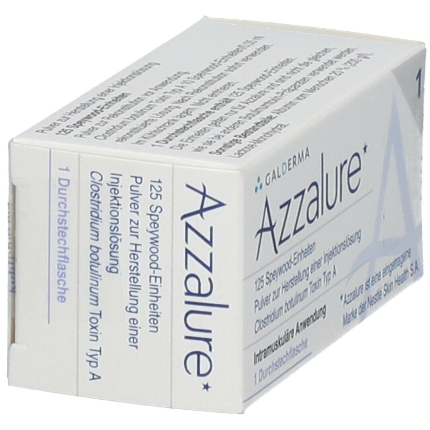 Schräg gestellte Produktverpackung. Aufschrift: Azzalure, 125 Speywood-Einheiten, Pulver zur Herstellung einer Injektionslösung.