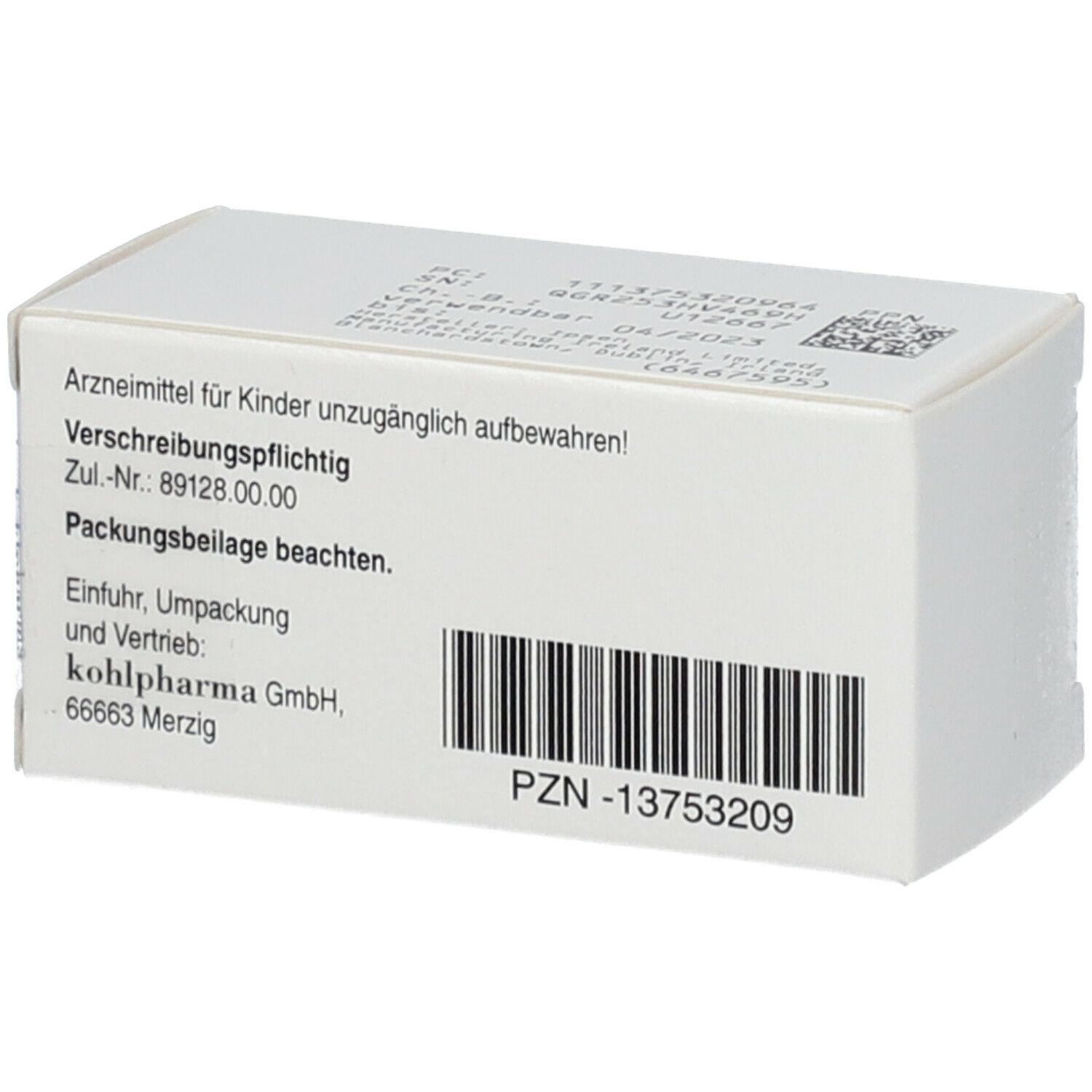 Produktverpackung mit Text. Aufschrift: Arzneimittel, für Kinder unzugänglich aufbewahren, PZN-13753209.