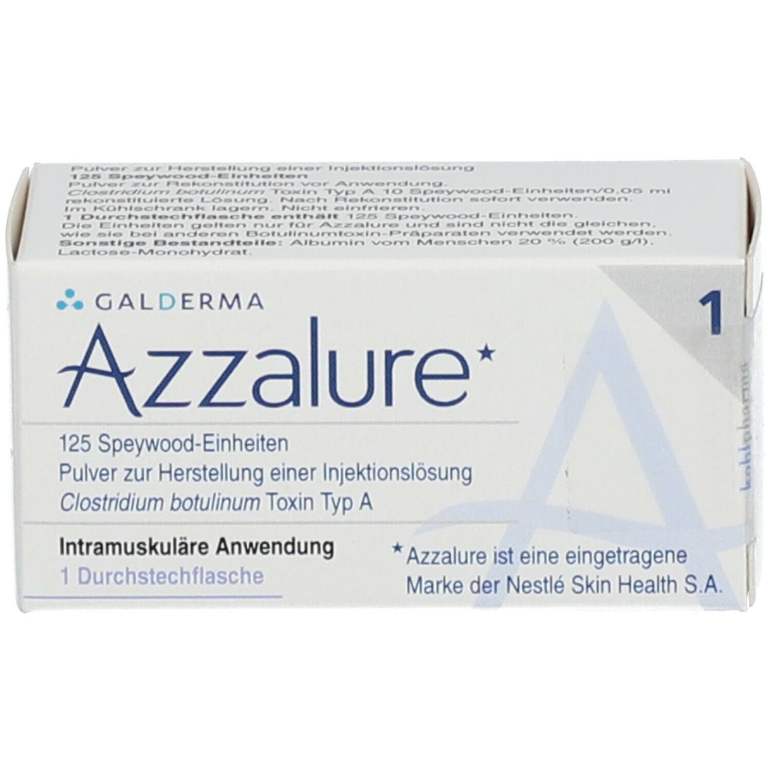 Produktverpackung mit Text. Aufschrift: Azzalure, 125 Speywood-Einheiten, Pulver zur Herstellung einer Injektionslösung, 1 Durchstechflasche.