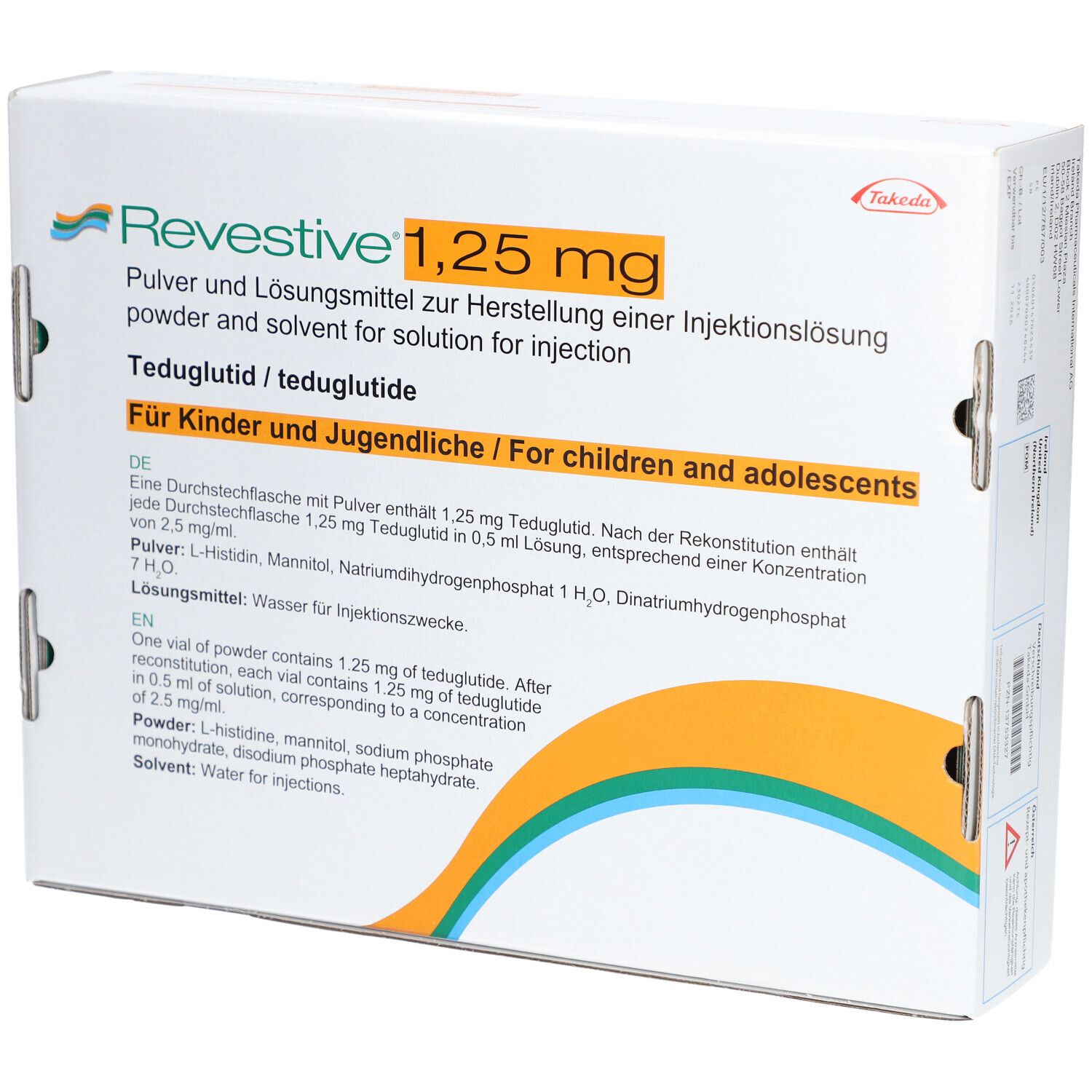 Verpackung von REVESTIVE 1,25 mg. Aufschrift: Pulver und Lösungsmittel zur Herstellung einer Injektionslösung. Für Kinder und Jugendliche.