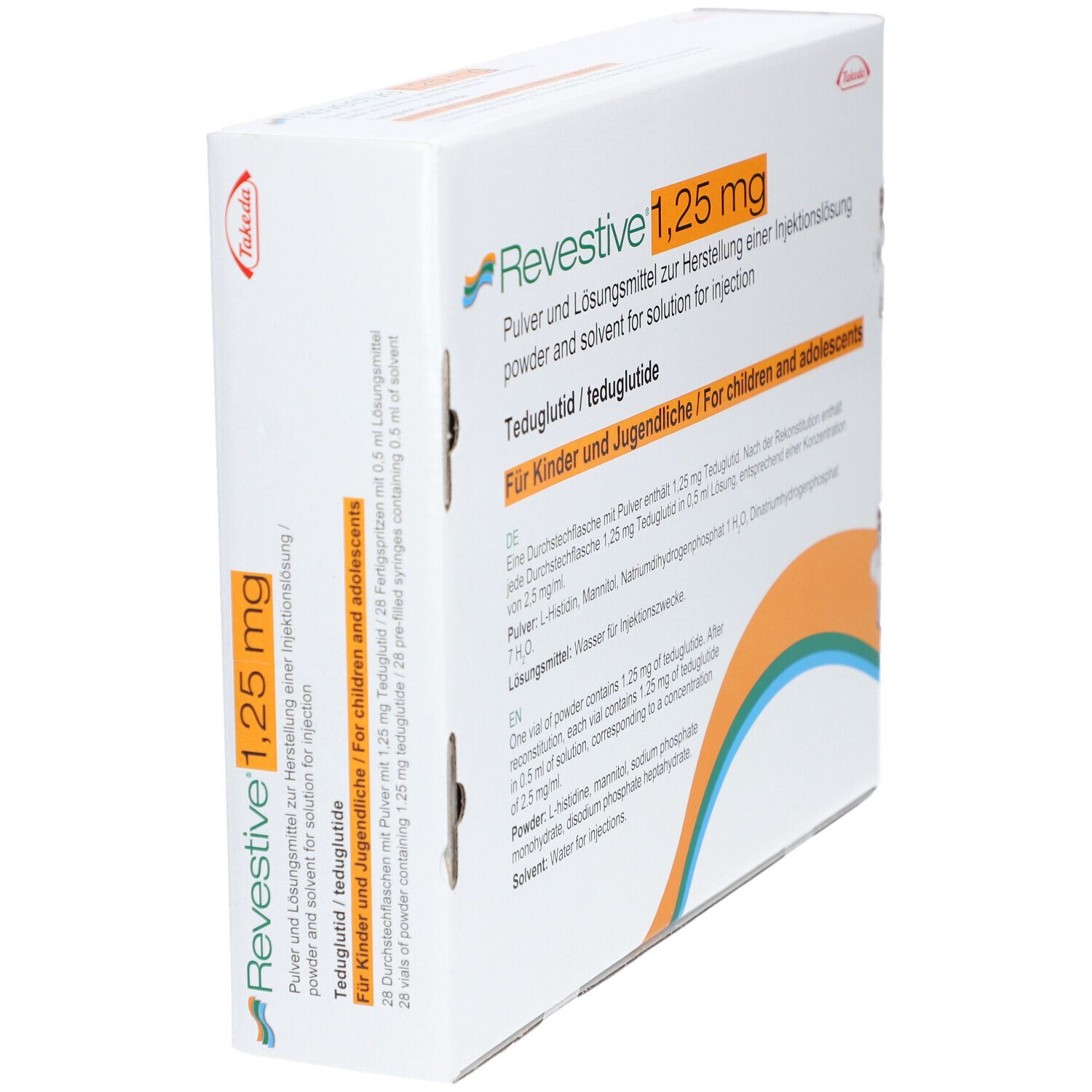 Verpackung von REVESTIVE 1,25 mg. Aufschrift: Pulver und Lösungsmittel zur Herstellung einer Injektionslösung. Für Kinder und Jugendliche.