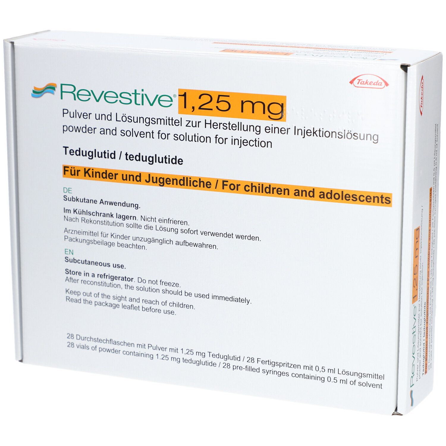 Verpackung von REVESTIVE 1,25 mg. Aufschrift: Pulver und Lösungsmittel zur Herstellung einer Injektionslösung. Für Kinder und Jugendliche.