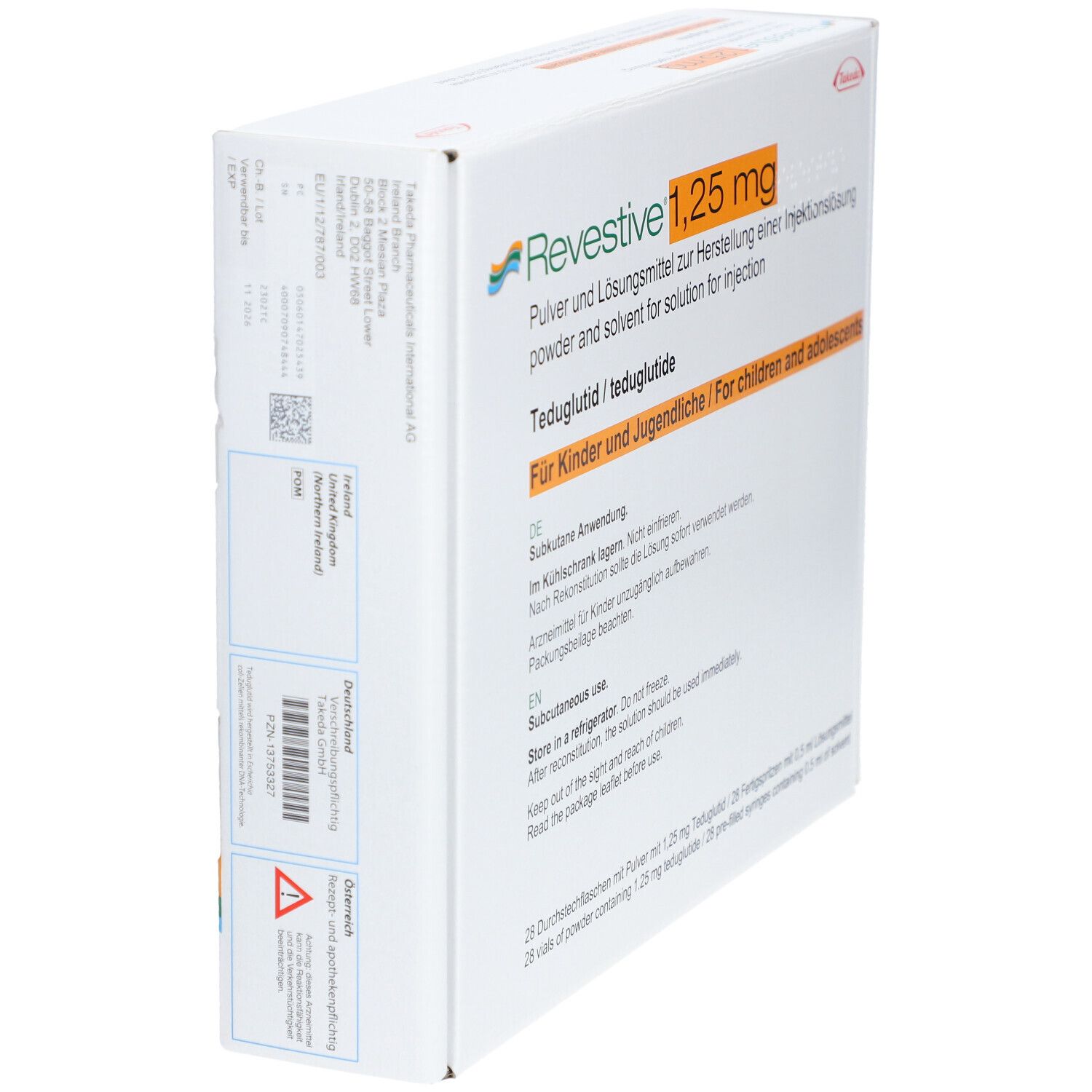 Verpackung von REVESTIVE 1,25 mg. Aufschrift: Pulver und Lösungsmittel zur Herstellung einer Injektionslösung. Für Kinder und Jugendliche.