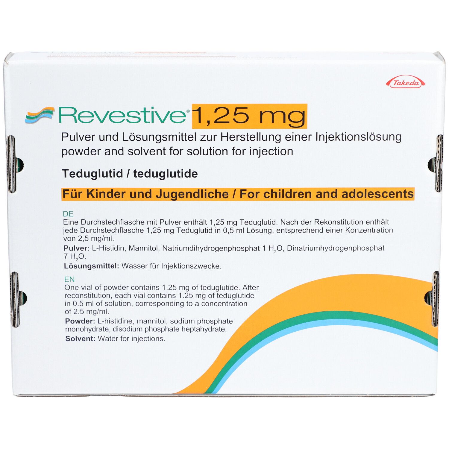 Verpackung von REVESTIVE 1,25 mg. Aufschrift: Pulver und Lösungsmittel zur Herstellung einer Injektionslösung. Für Kinder und Jugendliche.