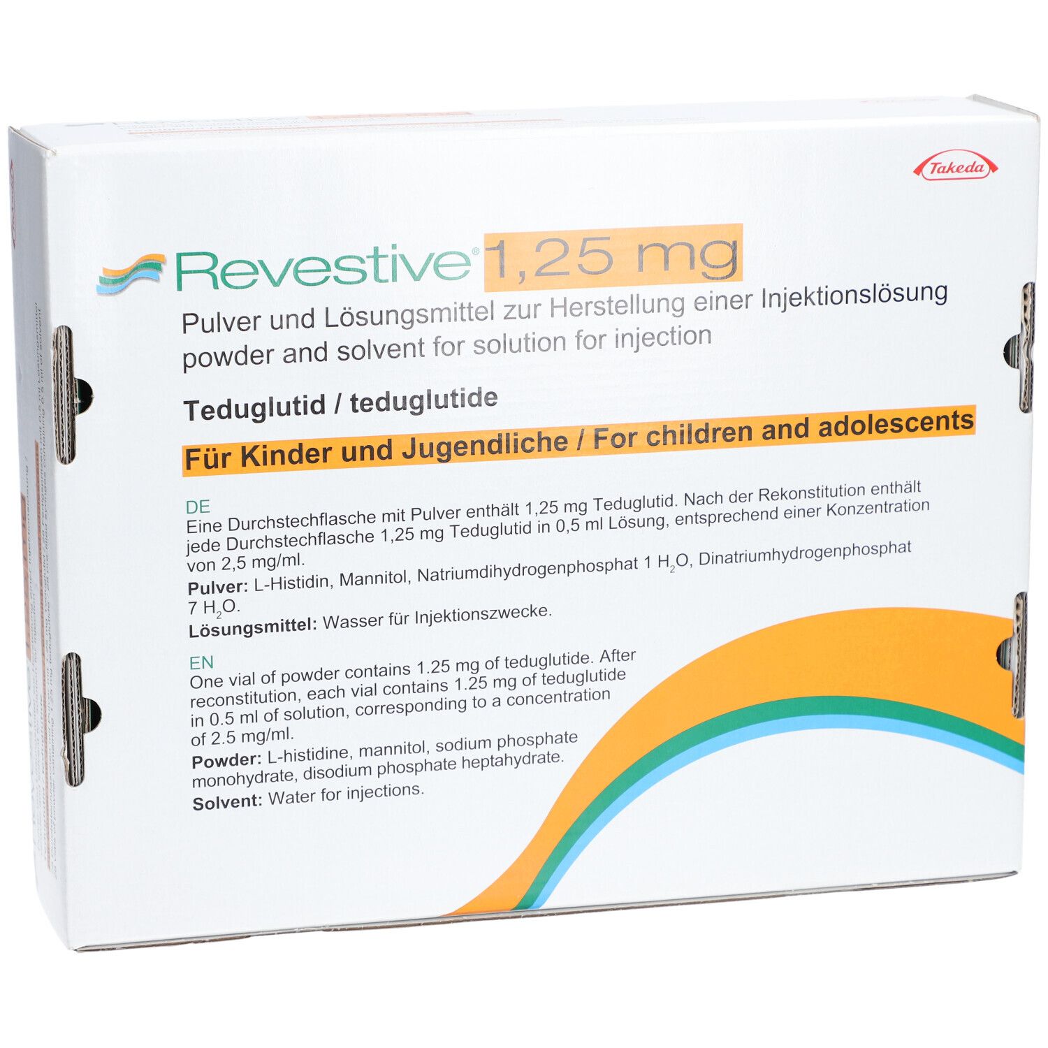 Verpackung von REVESTIVE 1,25 mg. Aufschrift: Pulver und Lösungsmittel zur Herstellung einer Injektionslösung. Für Kinder und Jugendliche.