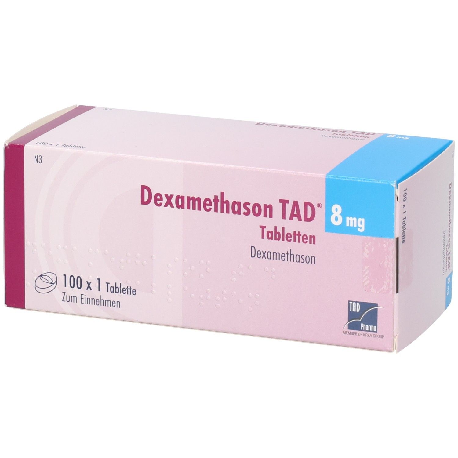 Packung Dexamethason TAD 8 mg Tabletten, 100 x 1 Tablette.