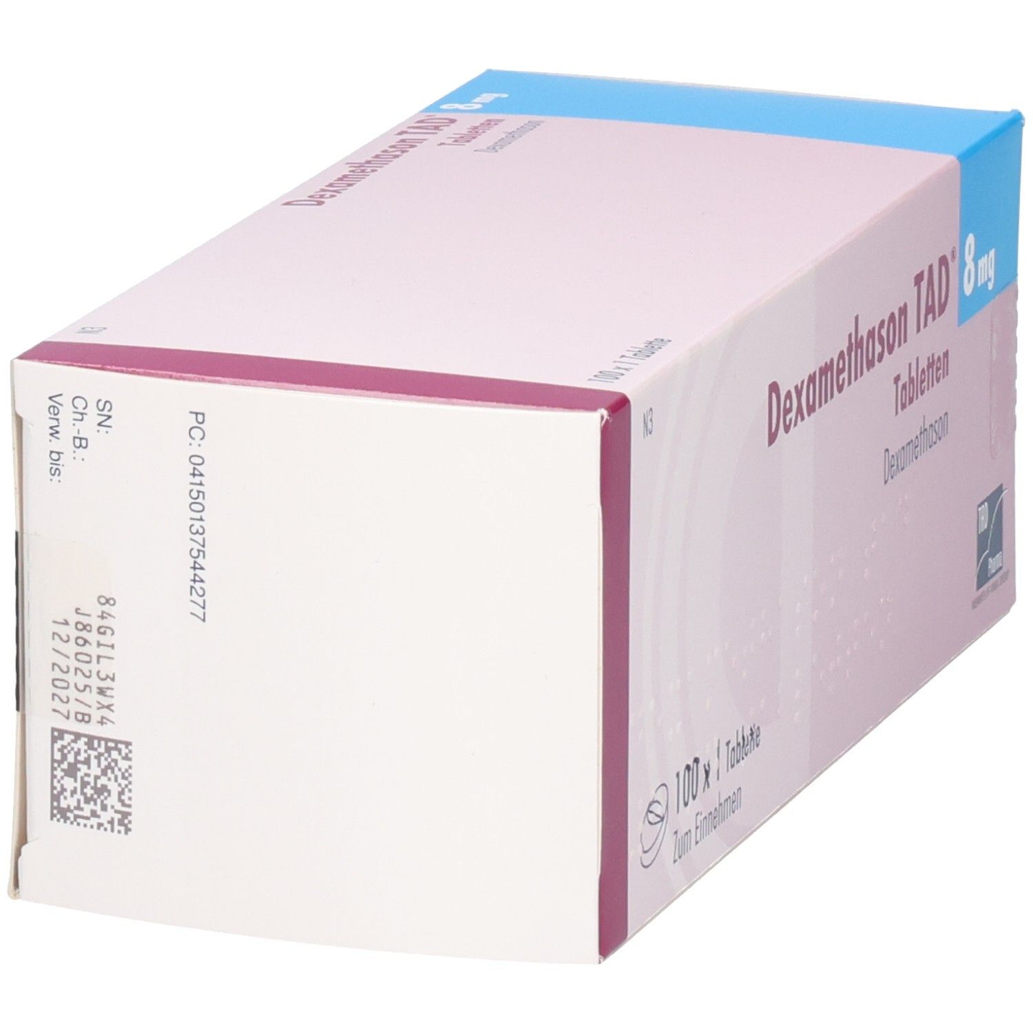 Seitenansicht der Packung Dexamethason TAD 8 mg mit Chargen- und Verfallsdatum.