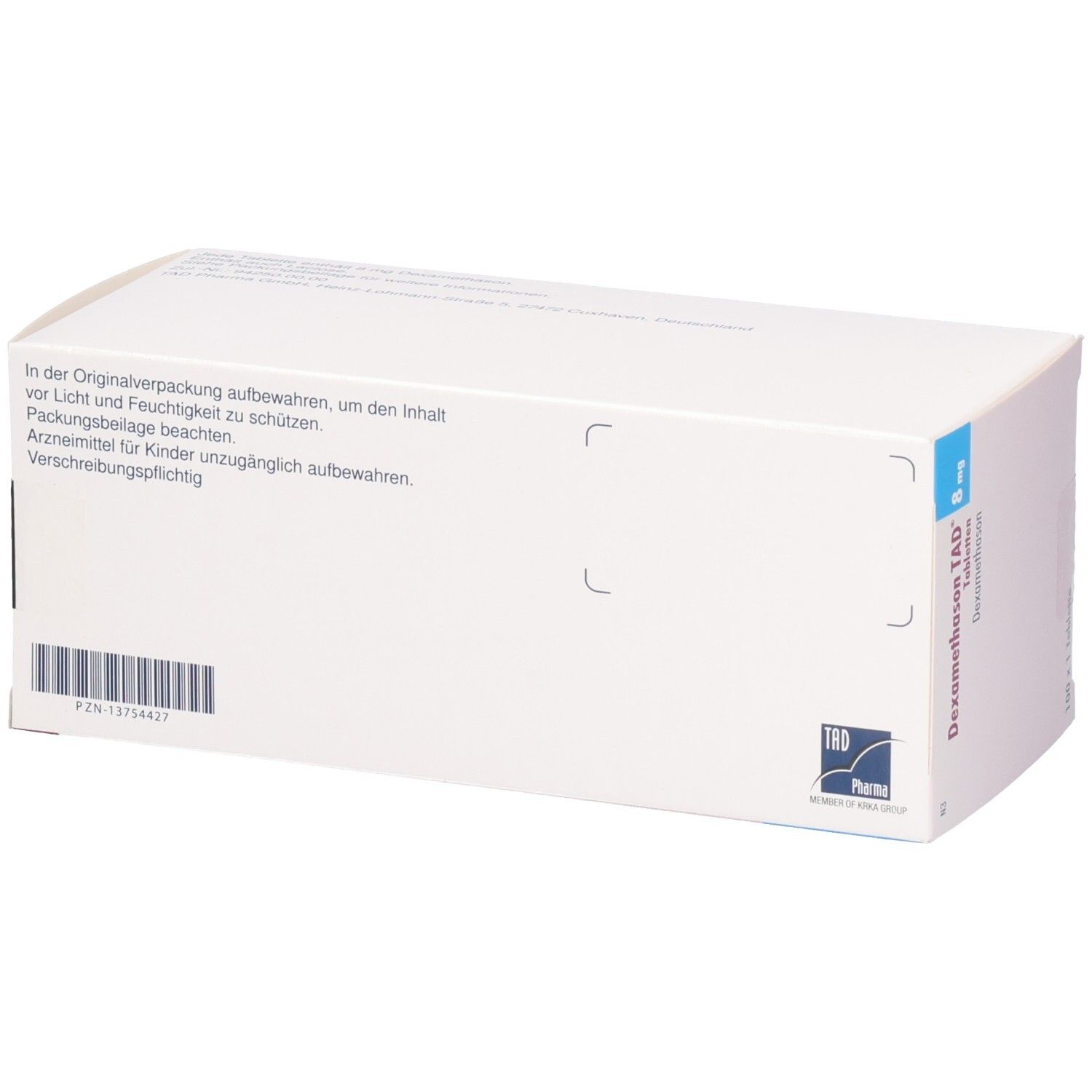 Rückseite der Packung Dexamethason TAD 8 mg mit Barcode und Lagerungshinweisen.