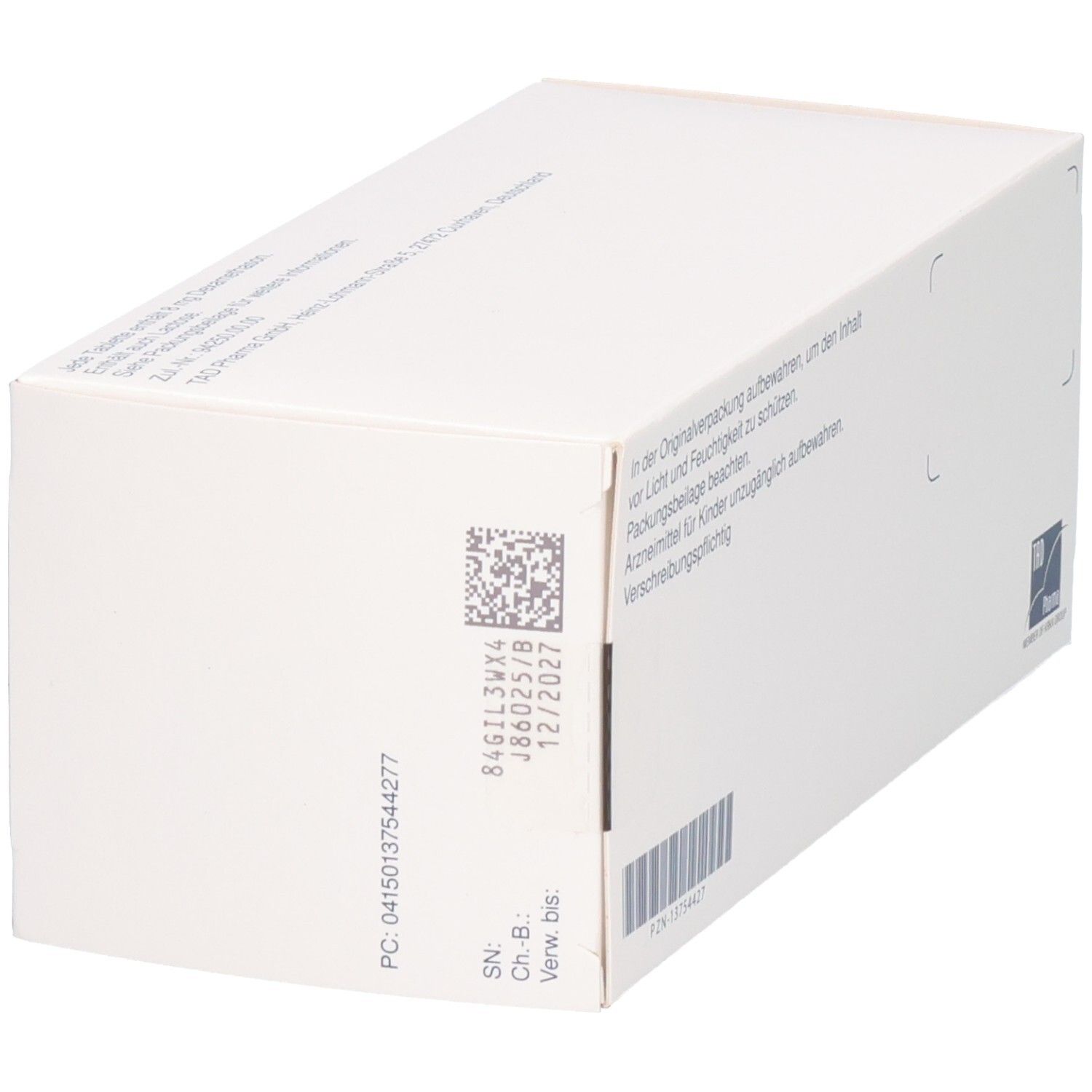 Schräge Ansicht der Packung Dexamethason TAD 8 mg mit Barcode und Verfallsdatum.