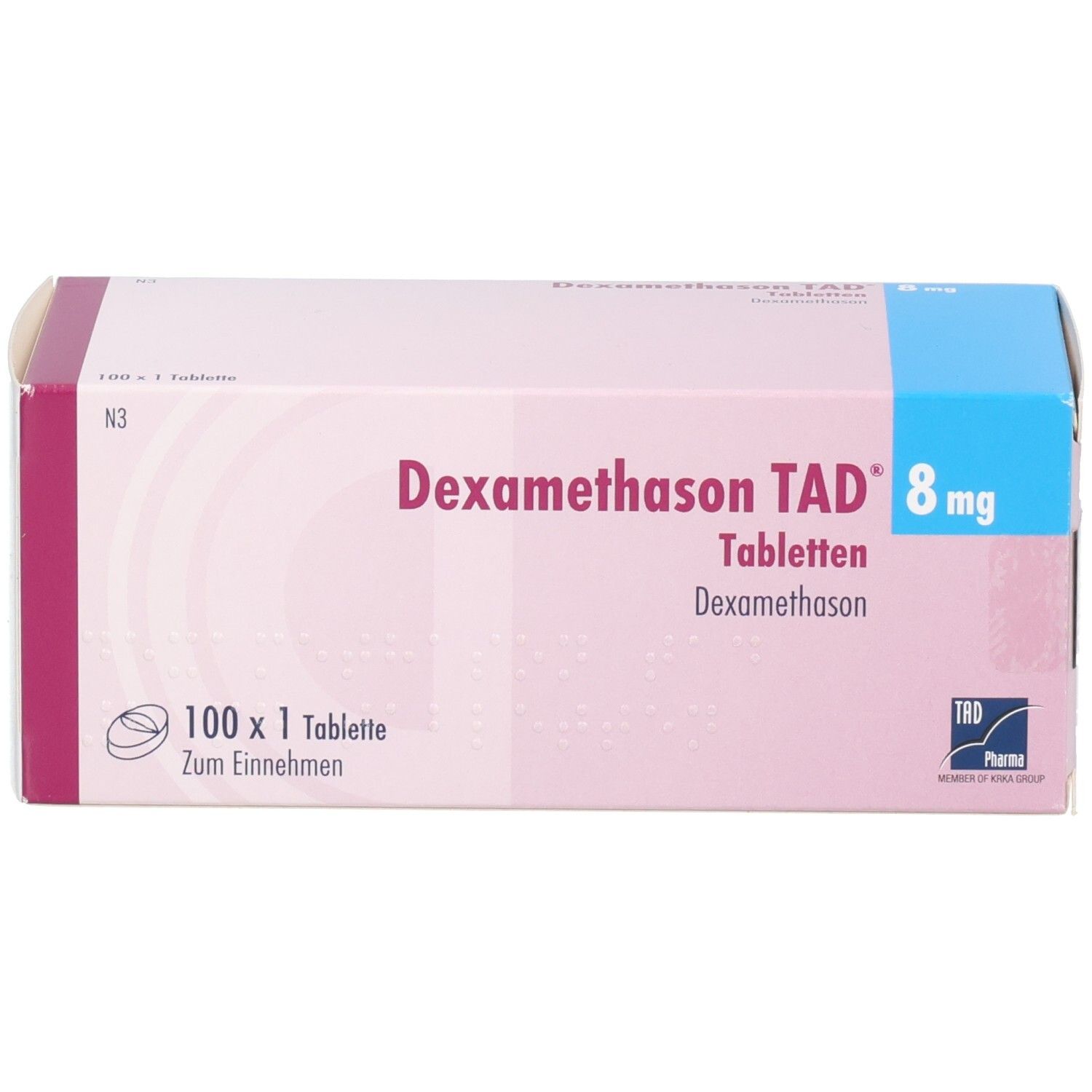 Vorderseite der Packung Dexamethason TAD 8 mg, 100 x 1 Tablette.