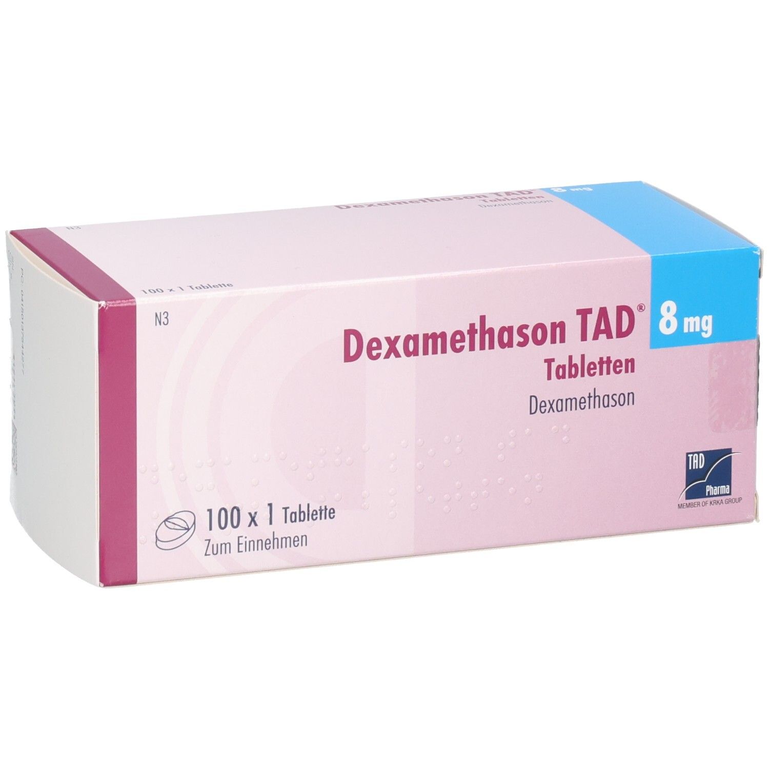 Packung Dexamethason TAD 8 mg Tabletten, 100 x 1 Tablette, TAD Pharma Logo.