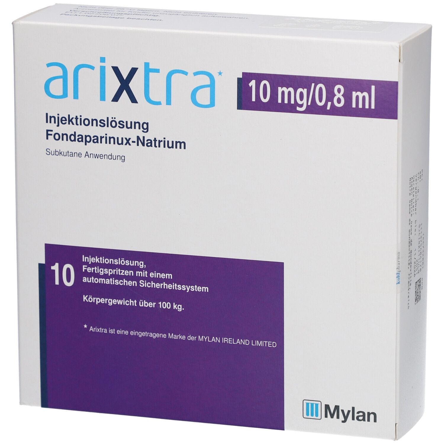 Arixtra-Verpackung. Weißer Karton mit blauer und violetter Schrift. Enthält 10 Injektionslösungen. Aufschrift: 10 mg/0,8 ml.
