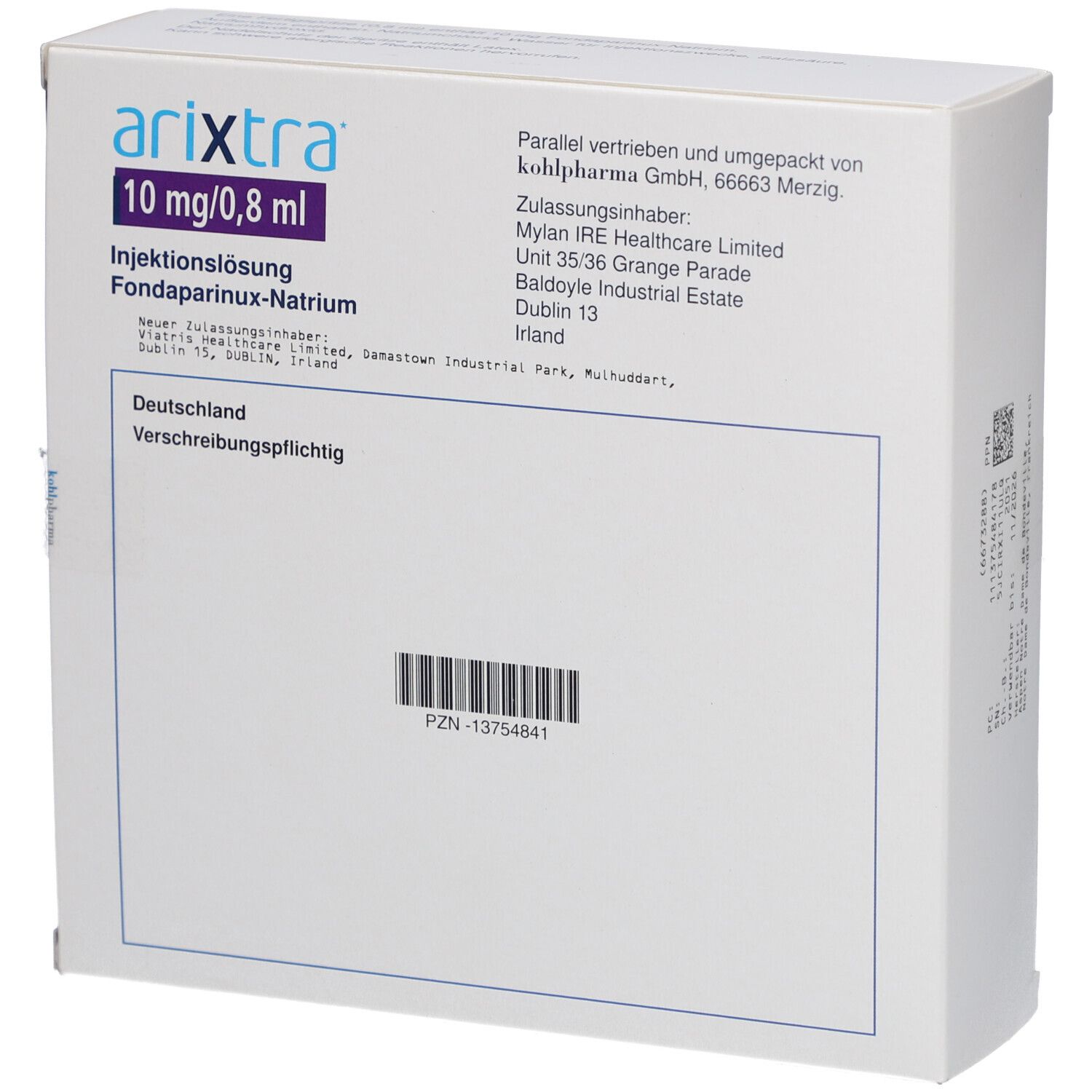 Rückseite der Arixtra-Verpackung. Weißer Karton mit Text. Enthält Informationen zu Hersteller und Inhaltsstoffen. Barcode sichtbar.