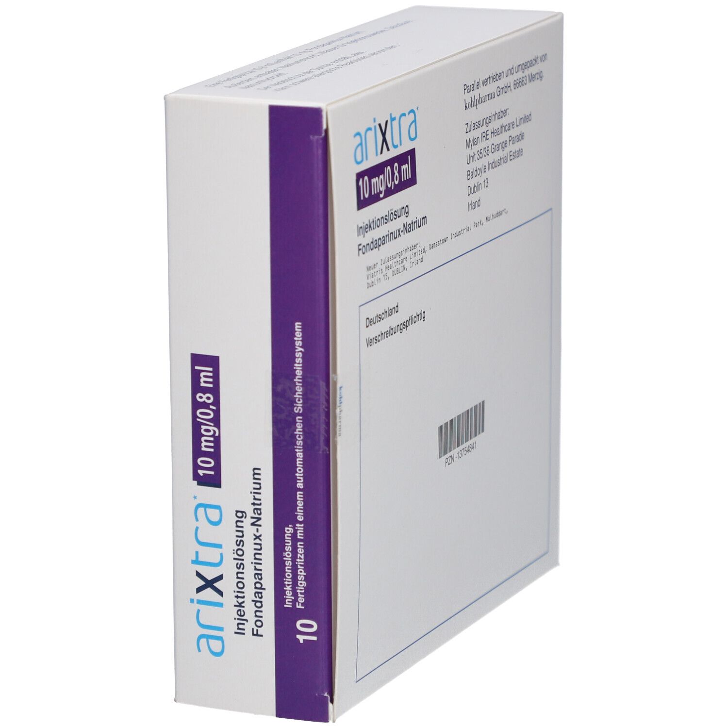Arixtra-Verpackung, schräg. Weißer Karton mit Text. Aufschrift: 10 mg/0,8 ml. Enthält Informationen zu Hersteller und Inhaltsstoffen.