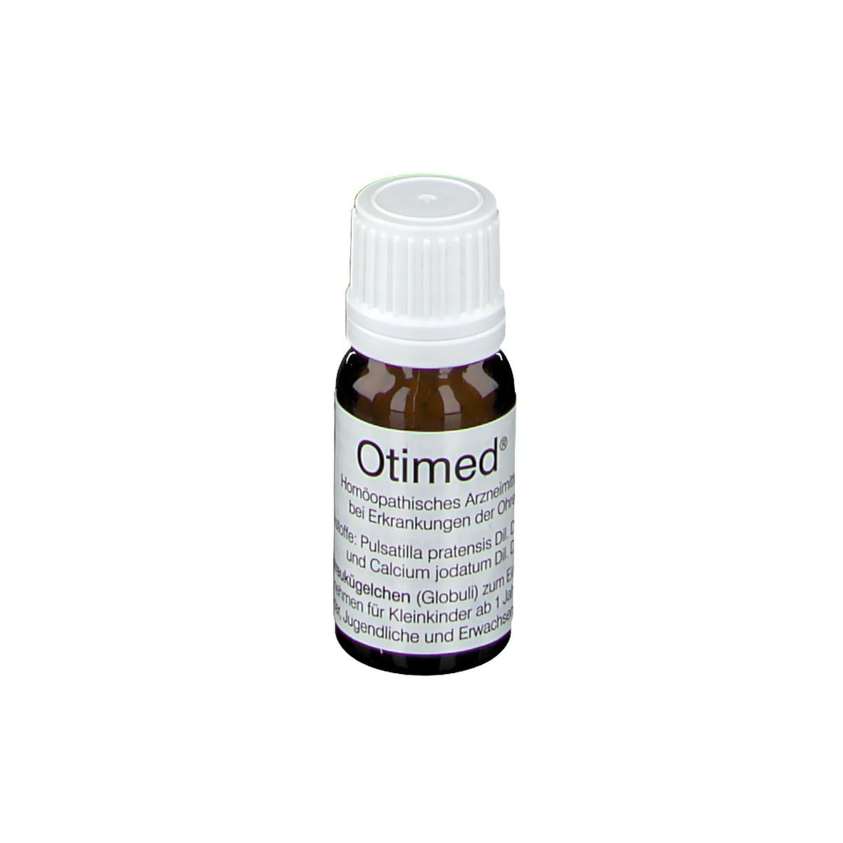 Braune Glasflasche mit weißem Deckel. Etikett mit Produktnamen und Text. Otimed® Homöopathisches Arzneimittel.