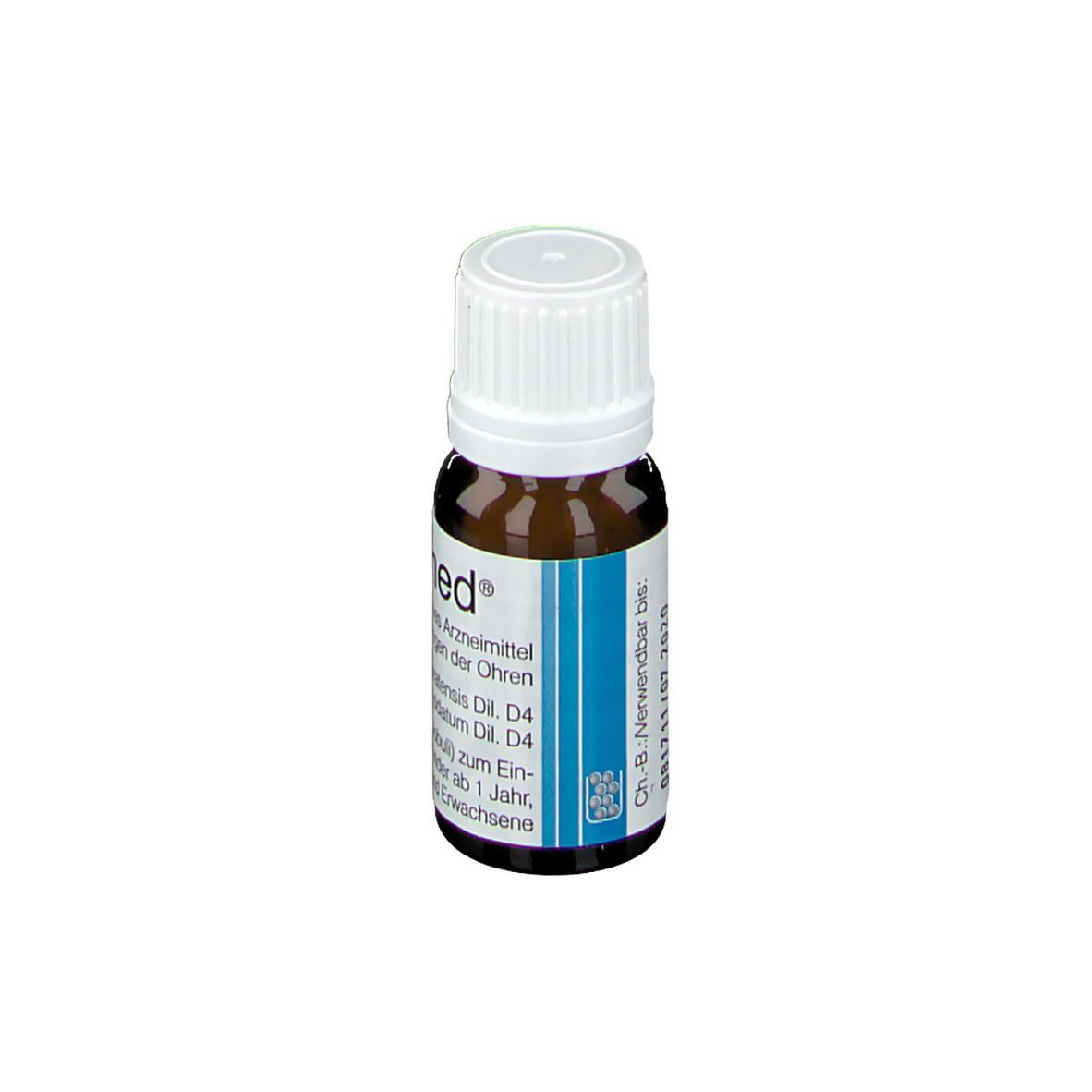 Braune Glasflasche mit weißem Deckel. Blaues Etikett mit Text. Otimed® Homöopathisches Arzneimittel.