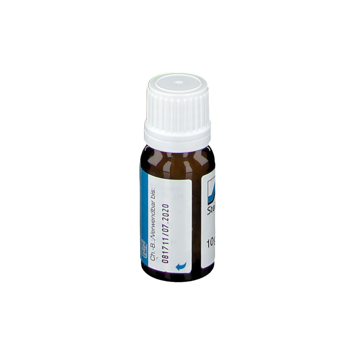 Braune Glasflasche mit weißem Deckel. Blaues Etikett mit Text und Verfallsdatum. Otimed® Homöopathisches Arzneimittel.