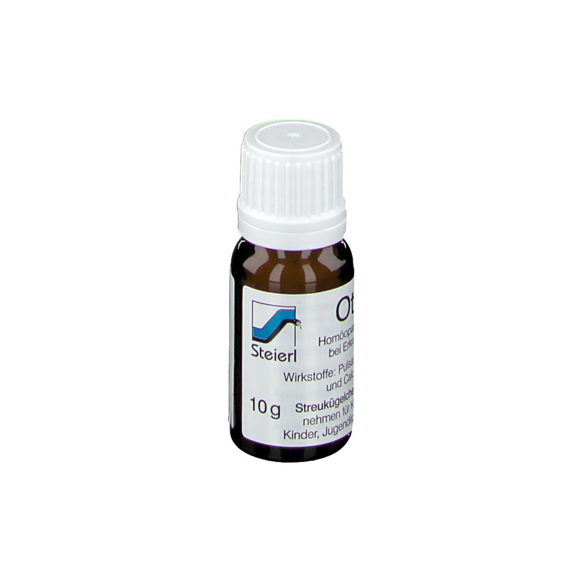 Braune Glasflasche mit weißem Deckel. Etikett mit Text und Logo. Otimed® Homöopathisches Arzneimittel.