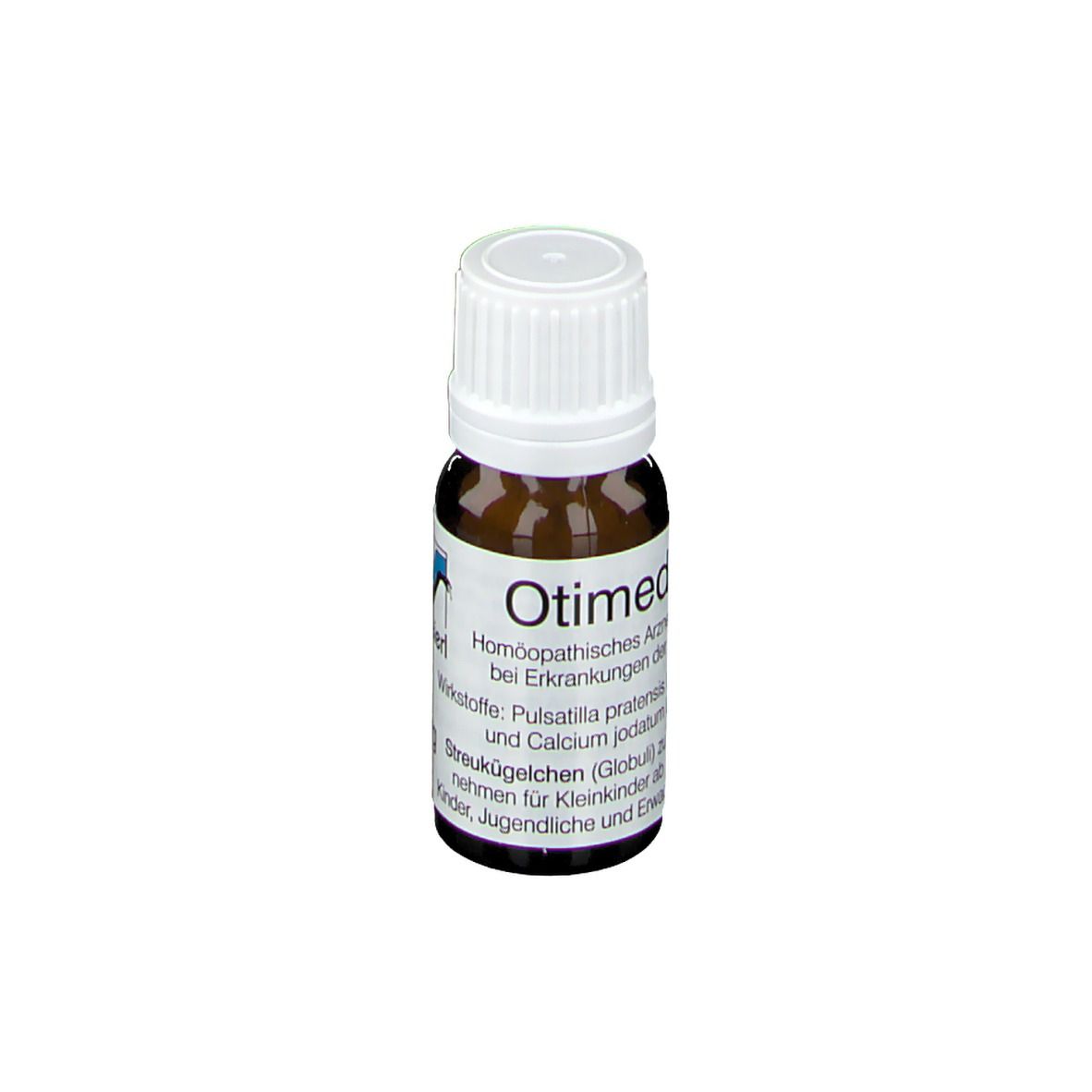 Braune Glasflasche mit weißem Deckel. Etikett mit Text. Otimed® Homöopathisches Arzneimittel.