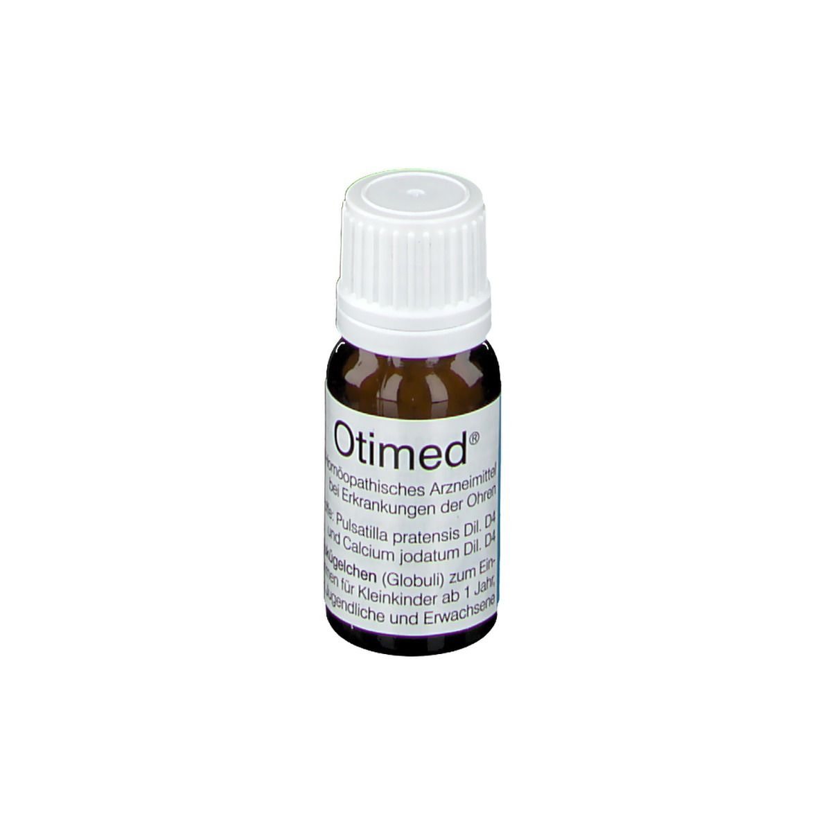 Braune Glasflasche mit weißem Deckel. Etikett mit Text. Otimed® Homöopathisches Arzneimittel.