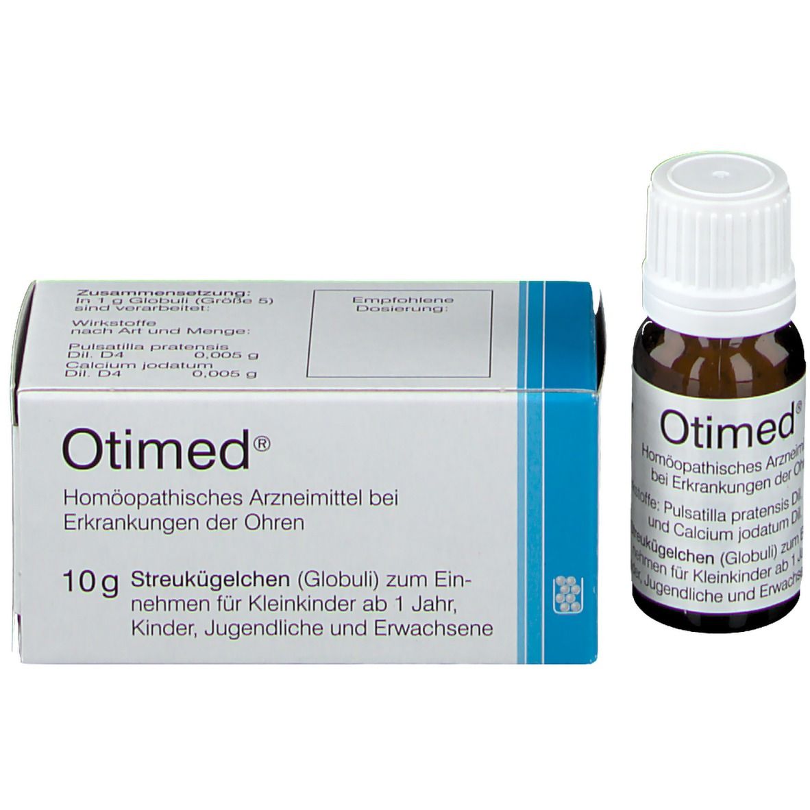 Schachtel und Flasche. Schachtel mit Text und Produktnamen. Otimed® Homöopathisches Arzneimittel.