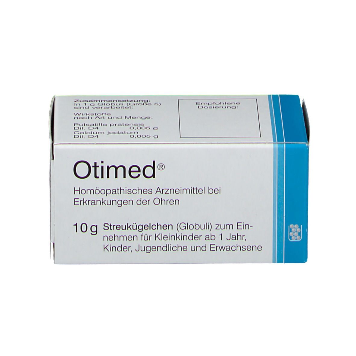 Schachtel mit Text und Produktnamen. Otimed® Homöopathisches Arzneimittel.