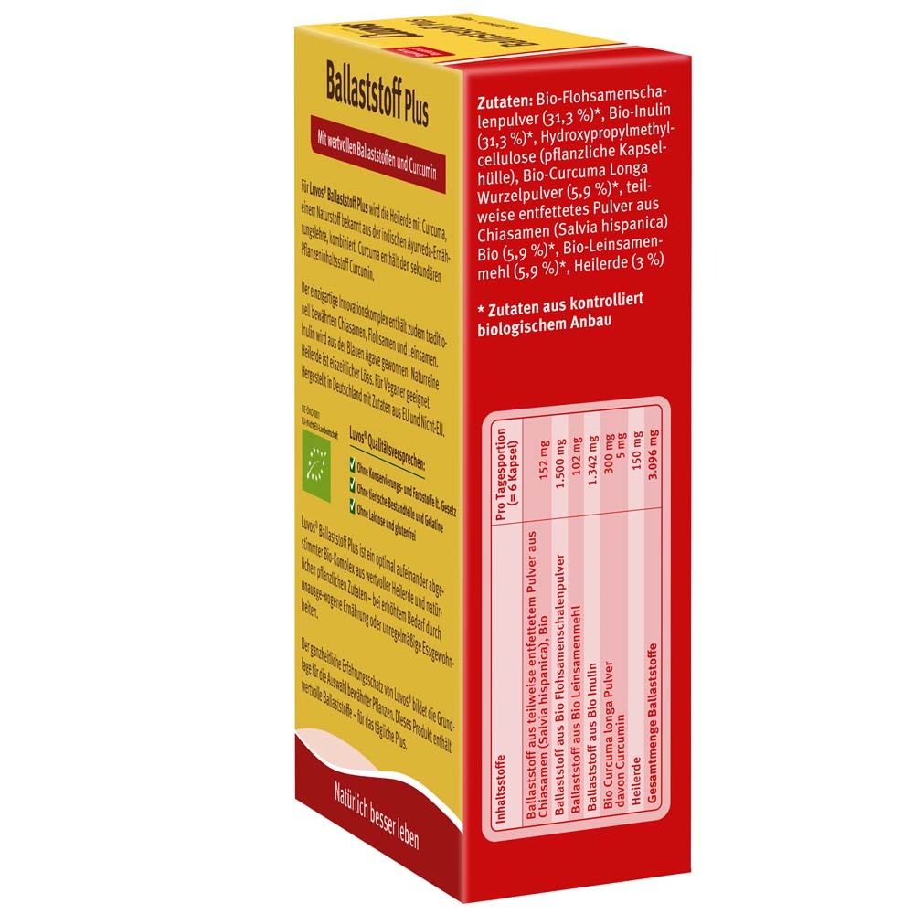 Seitenansicht der gelben Schachtel Luvos Heilerde Ballaststoff Plus. Enthält Zutatenliste und Nährwertangaben.