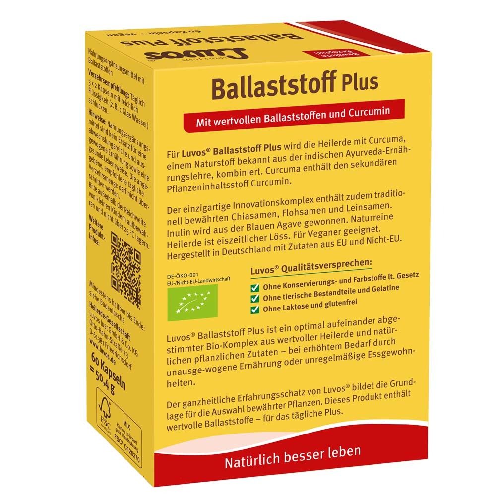 Gelbe Schachtel Luvos Heilerde Ballaststoff Plus. Enthält Informationen über die Inhaltsstoffe und Qualität.