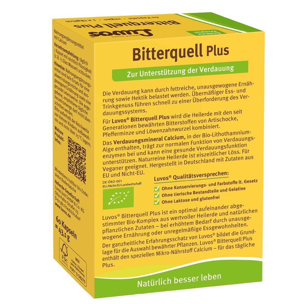 Gelbe Schachtel Luvos Heilerde Bitterquell Plus. Text zur Verdauung. Bio-Siegel. Aufschrift: Natürlich besser leben. 60 Kapseln.