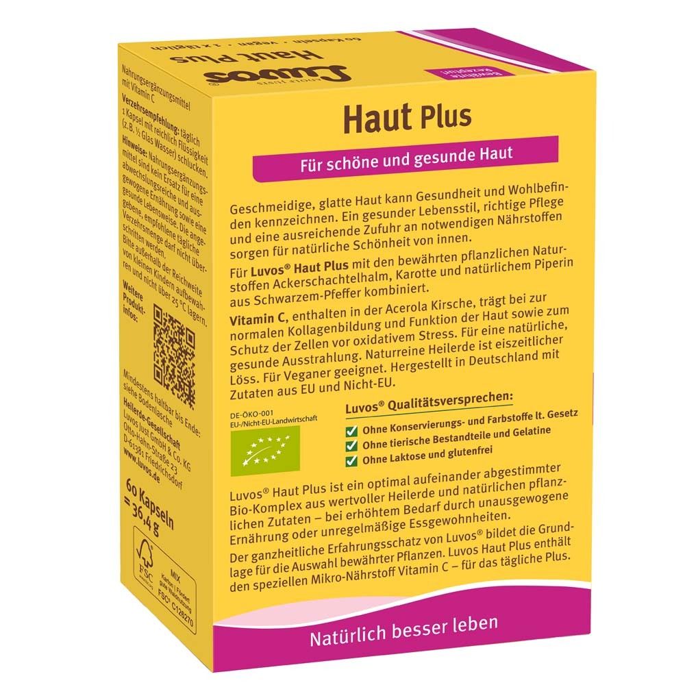 Luvos Heilerde Haut Plus. Seite der Schachtel mit Produktinformationen und Qualitätsversprechen. Bio-Siegel.