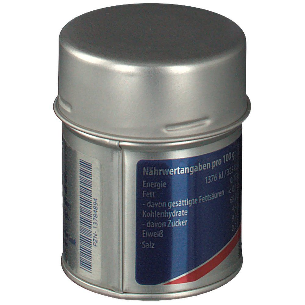 Zylindrische Dose mit Deckel. Aufschrift: Nährwertangaben pro 100g. Enthält Energie, Fett, Kohlenhydrate, Eiweiß und Salz.