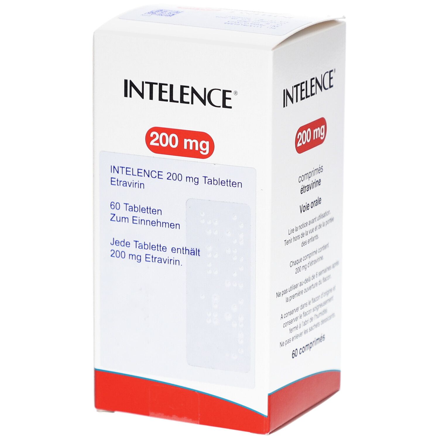 INTELENCE 200 mg Tabletten-Packung. Weiße Schachtel mit rotem Feld. Enthält 60 Tabletten. Aufschrift: Etravirin.