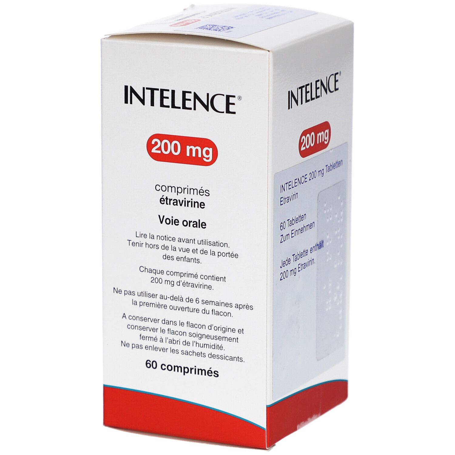 INTELENCE 200 mg Tabletten-Packung. Weiße Schachtel mit rotem Feld. Enthält 60 Tabletten. Aufschrift: Etravirin.
