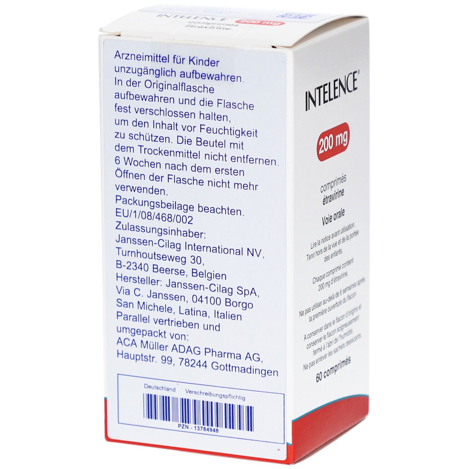 Rückseite der INTELENCE 200 mg Tabletten-Packung. Enthält Informationen und Herstelleradresse. Text in Deutsch.