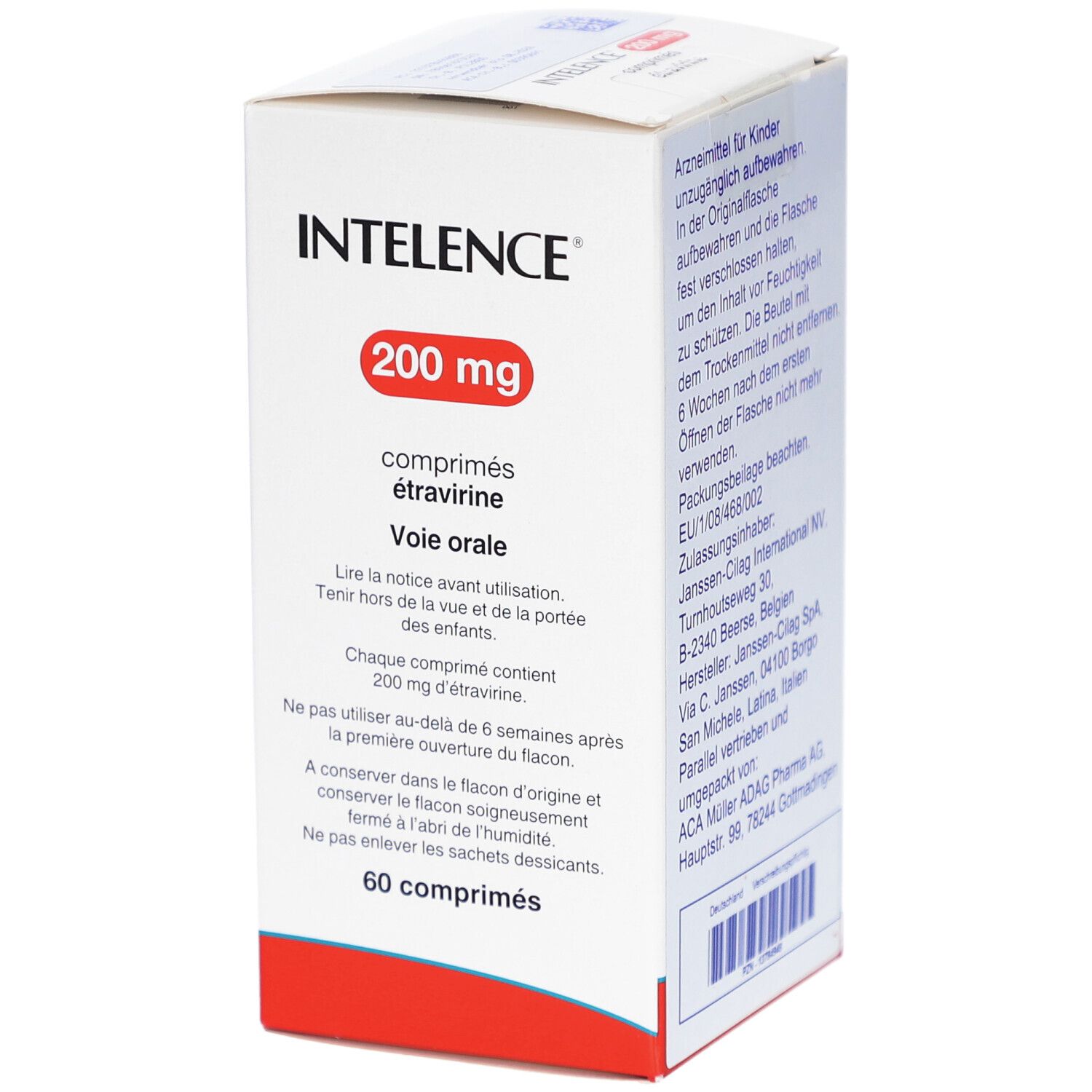 INTELENCE 200 mg Tabletten-Packung. Weiße Schachtel mit rotem Feld. Enthält 60 Tabletten. Aufschrift: Etravirin.